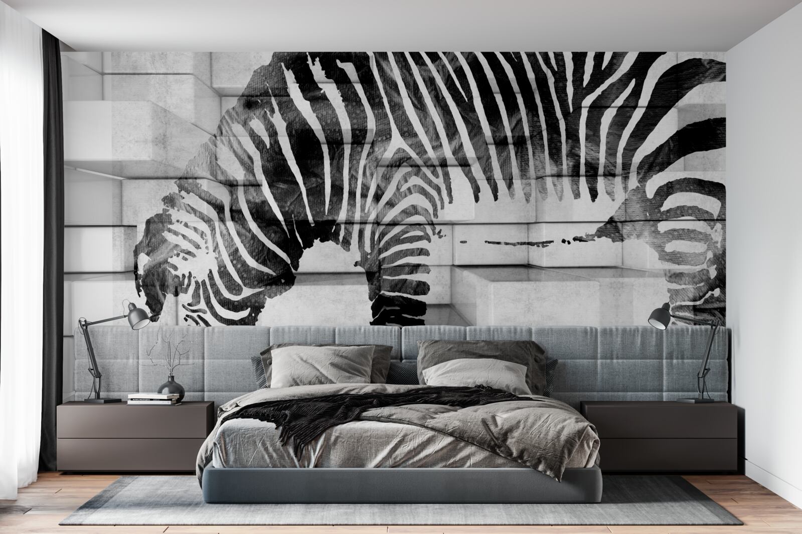 Fototapeten Eine Ziegelmauer in der Nähe des Wasserlochs mit dem Bild des Zebras