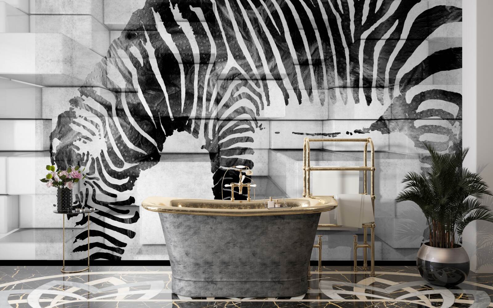 Fototapeten Eine Ziegelmauer in der Nähe des Wasserlochs mit dem Bild des Zebras
