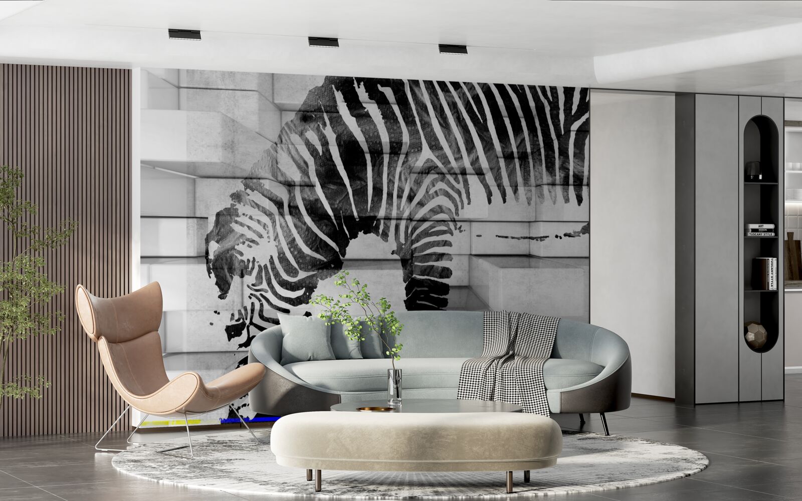 Fototapeten Eine Ziegelmauer in der Nähe des Wasserlochs mit dem Bild des Zebras