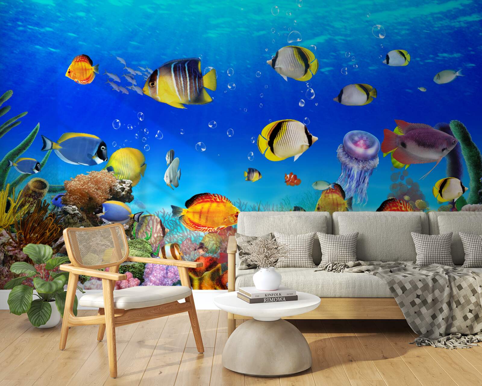 Fototapeten Bunte Fisch in blauem Wasser
