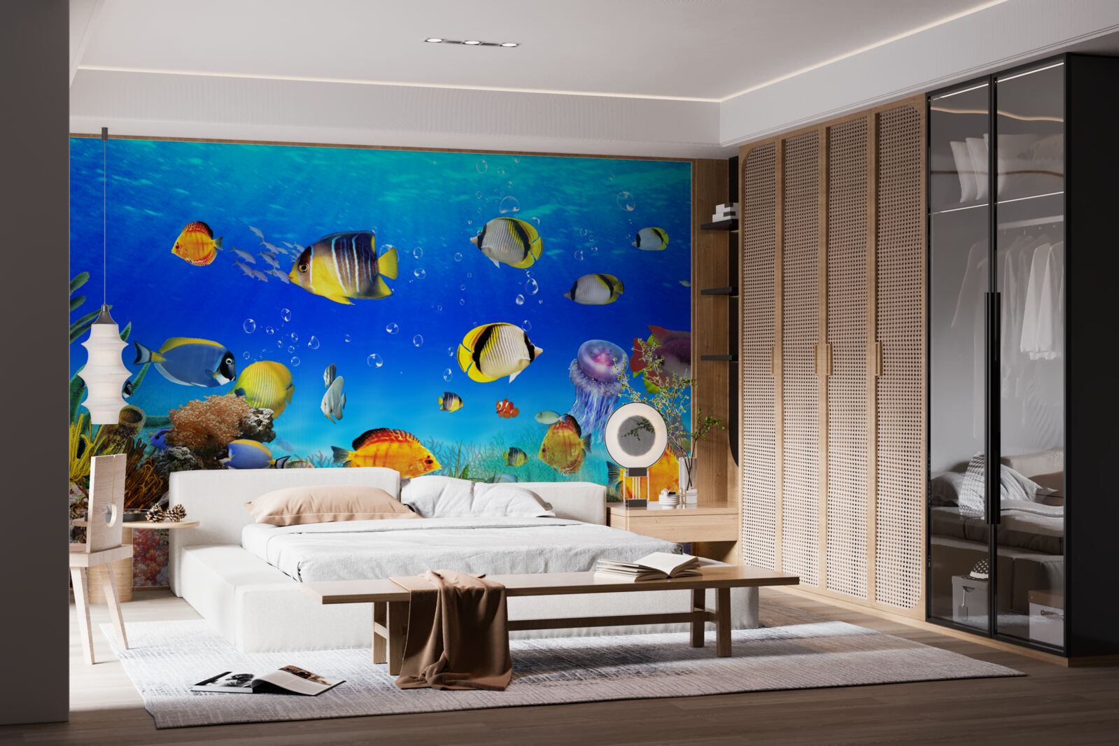 Fototapeten Bunte Fisch in blauem Wasser