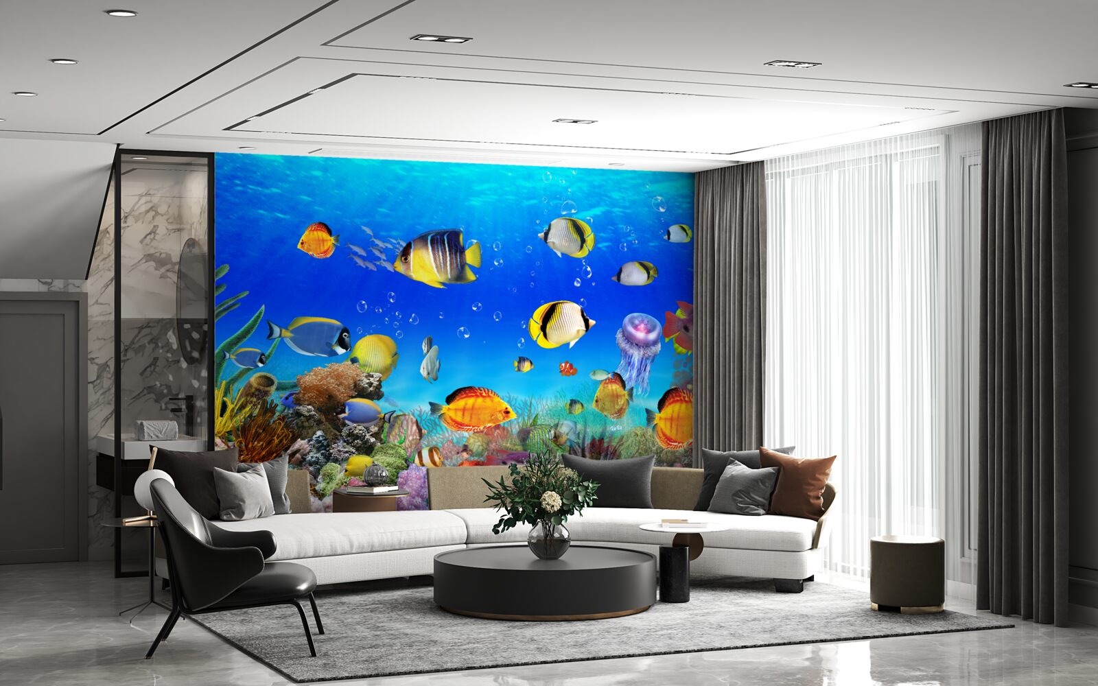 Fototapeten Bunte Fisch in blauem Wasser