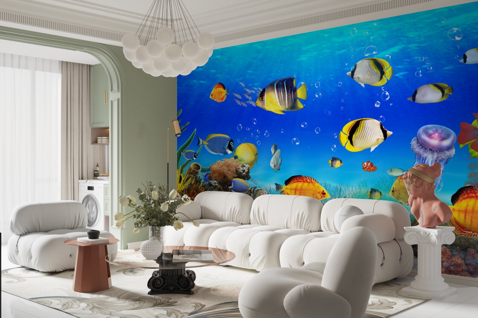 Fototapeten Bunte Fisch in blauem Wasser