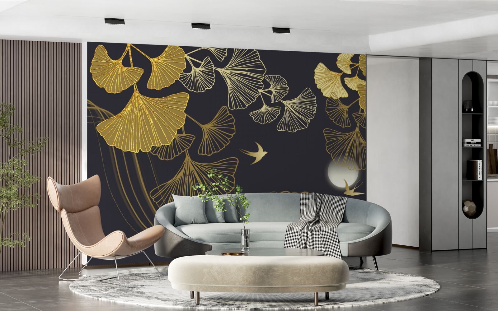 Fototapeten Blätter in goldenen Farben und Meereswellen