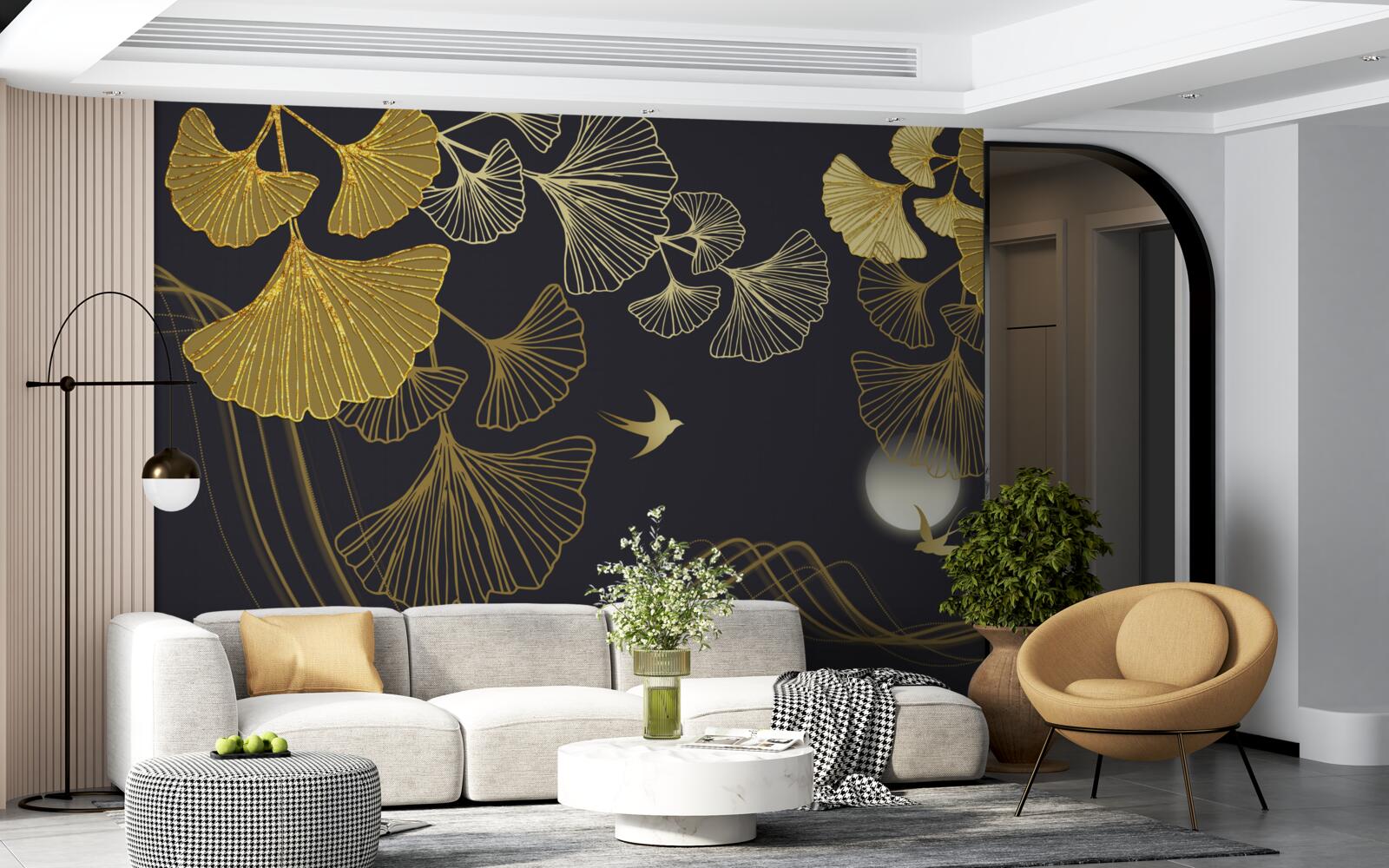 Fototapeten Blätter in goldenen Farben und Meereswellen