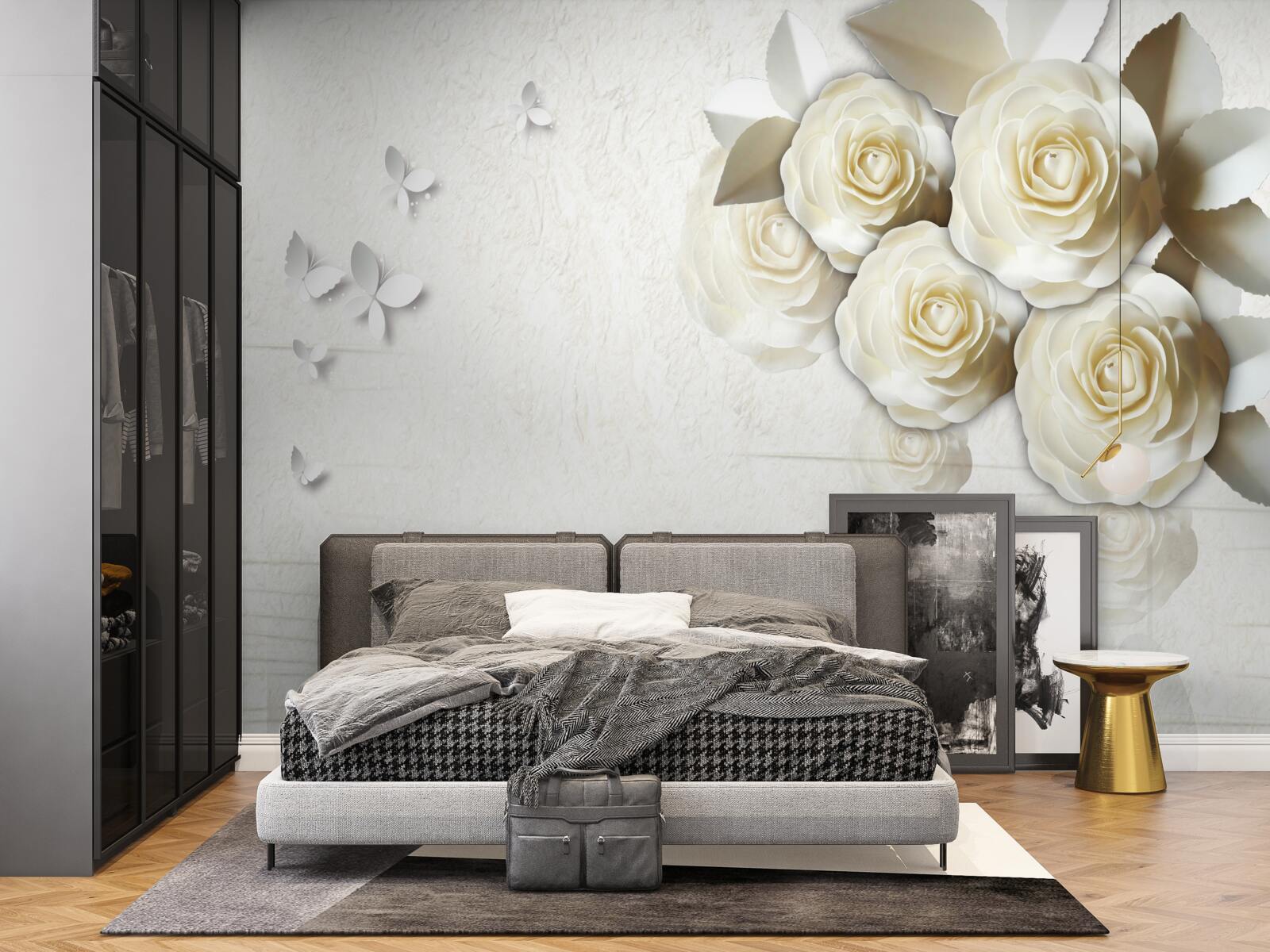 Fototapeten Schmetterlinge und schneebedeckte Rosen