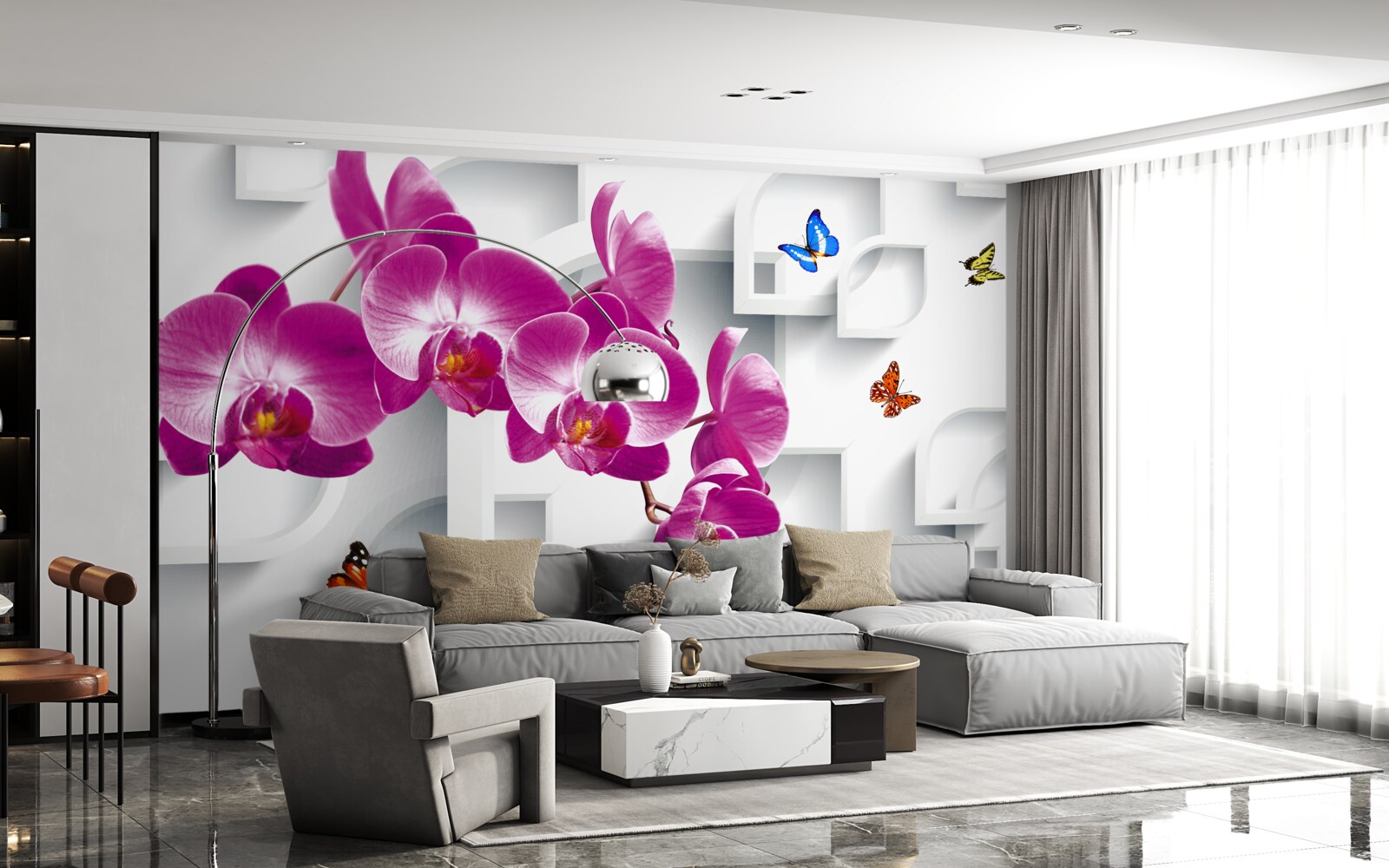 Fototapeten Liliowa Orchida mit Schmetterlingen dekoriert
