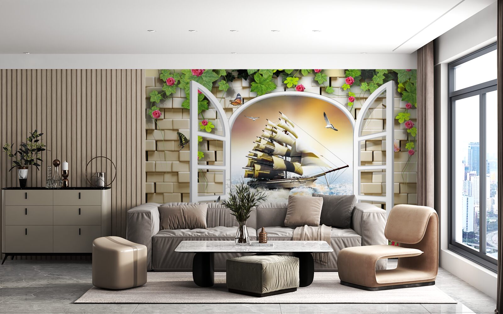 Fototapeten Ein Fenster mit Panoramablick auf das Segelboot