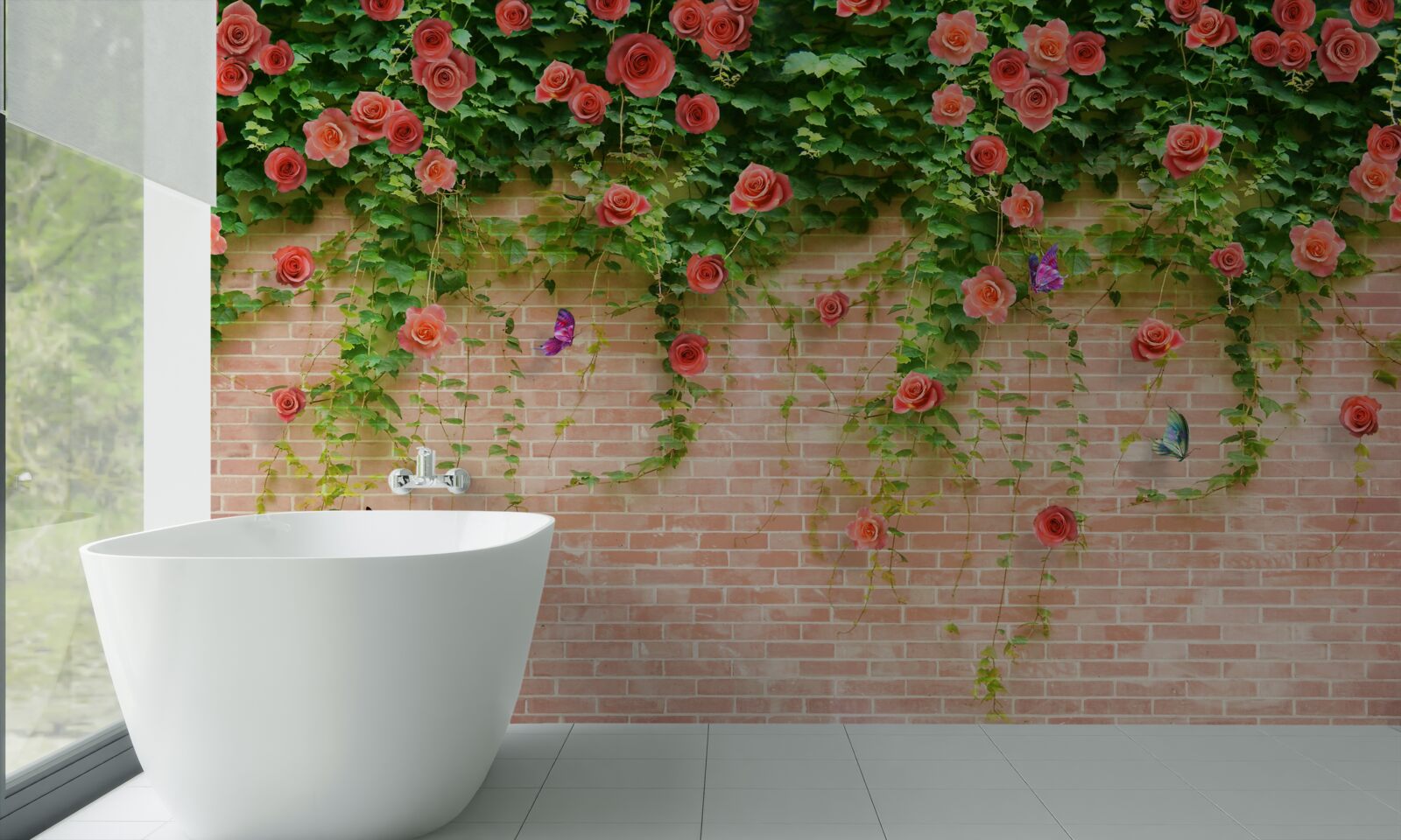 Fototapeten Purpurrote Blumen an einer Mauermauer