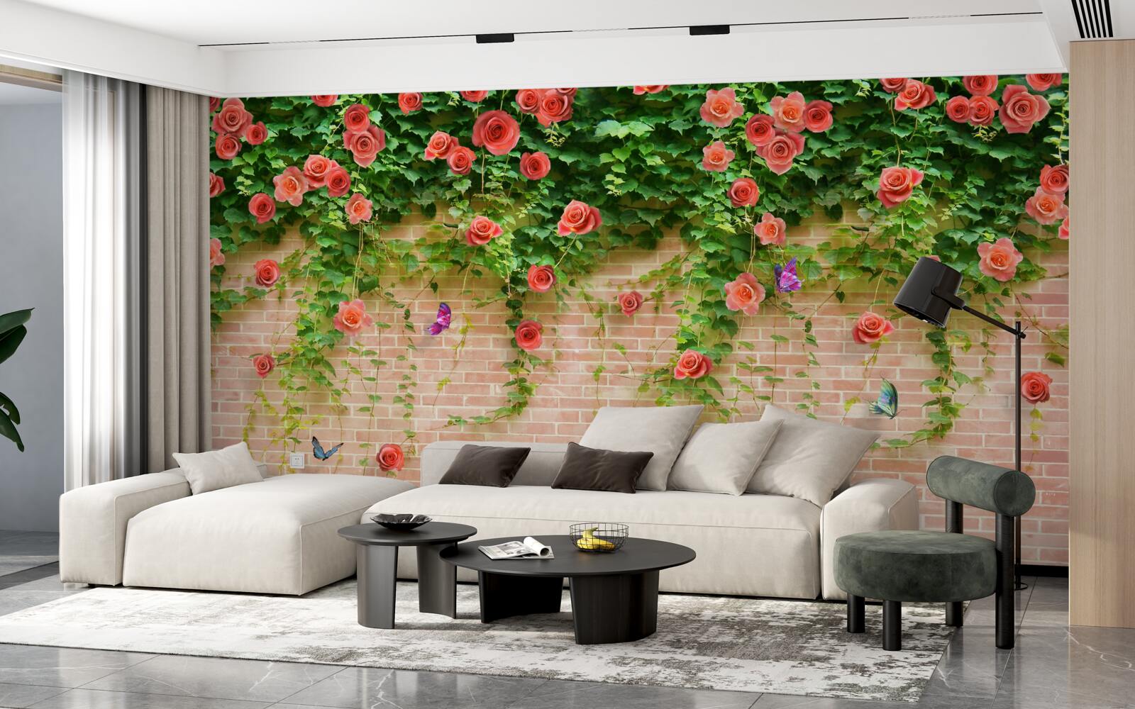 Fototapeten Purpurrote Blumen an einer Mauermauer