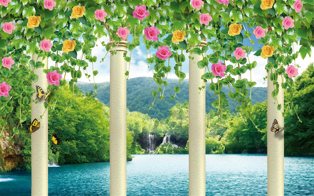 Fototapeten Ein charmanter Blick auf den Wasserfall durch die Farben der Blumen