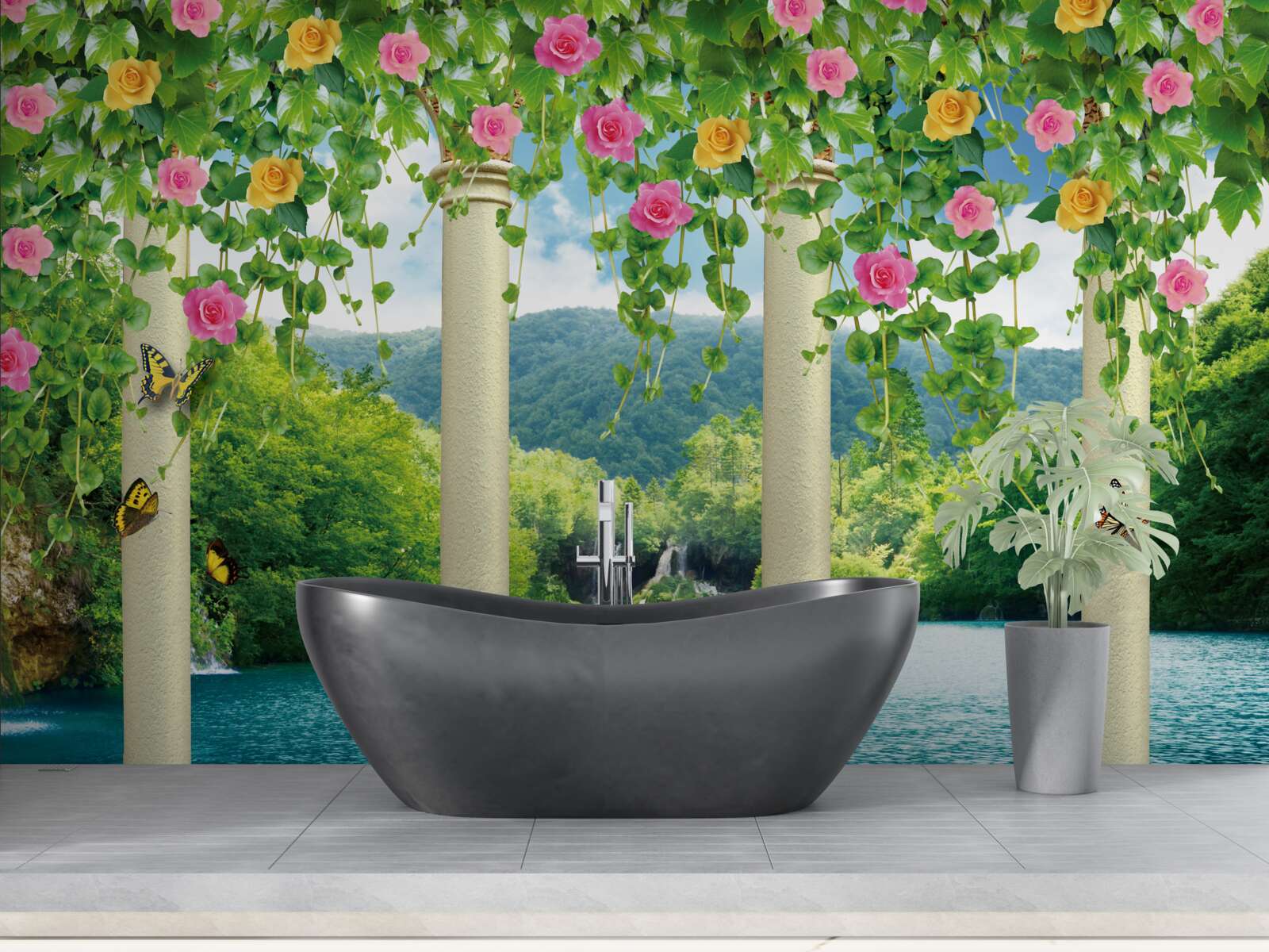 Fototapeten Ein charmanter Blick auf den Wasserfall durch die Farben der Blumen