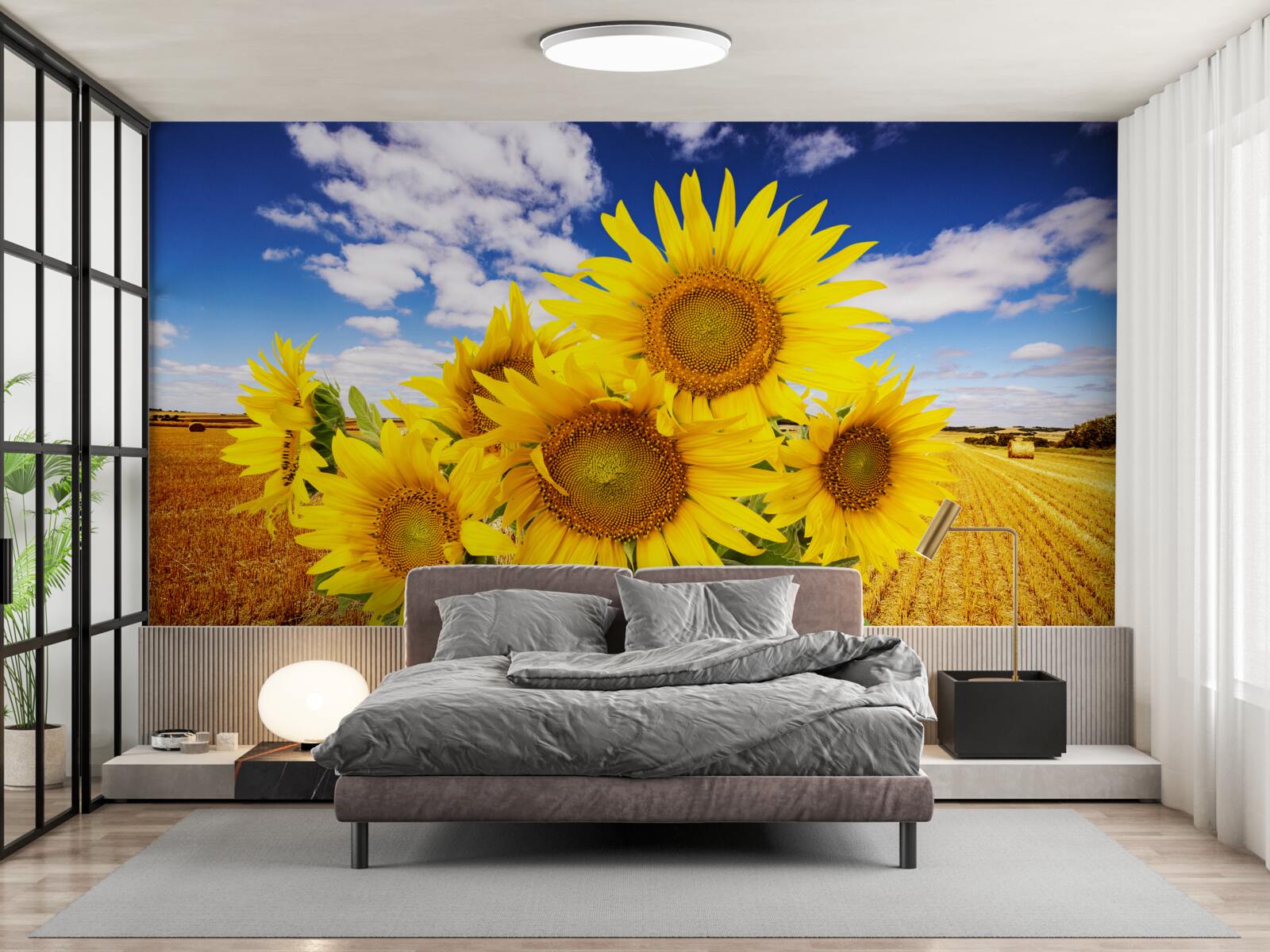 Fototapeten Ein Sonnenblumenstrauß kann am Himmel und das Weizenfeld gesehen werden
