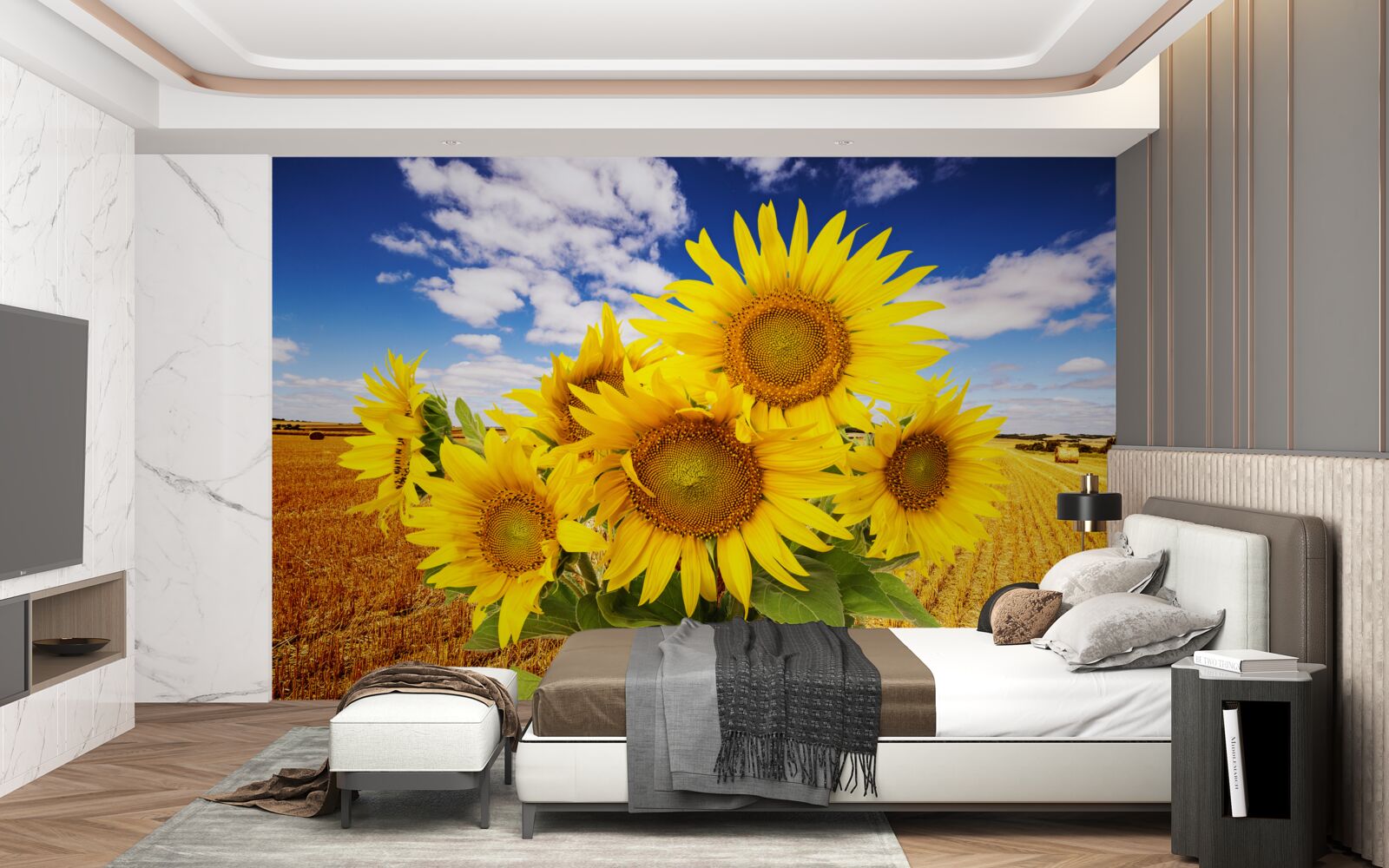 Fototapeten Ein Sonnenblumenstrauß kann am Himmel und das Weizenfeld gesehen werden