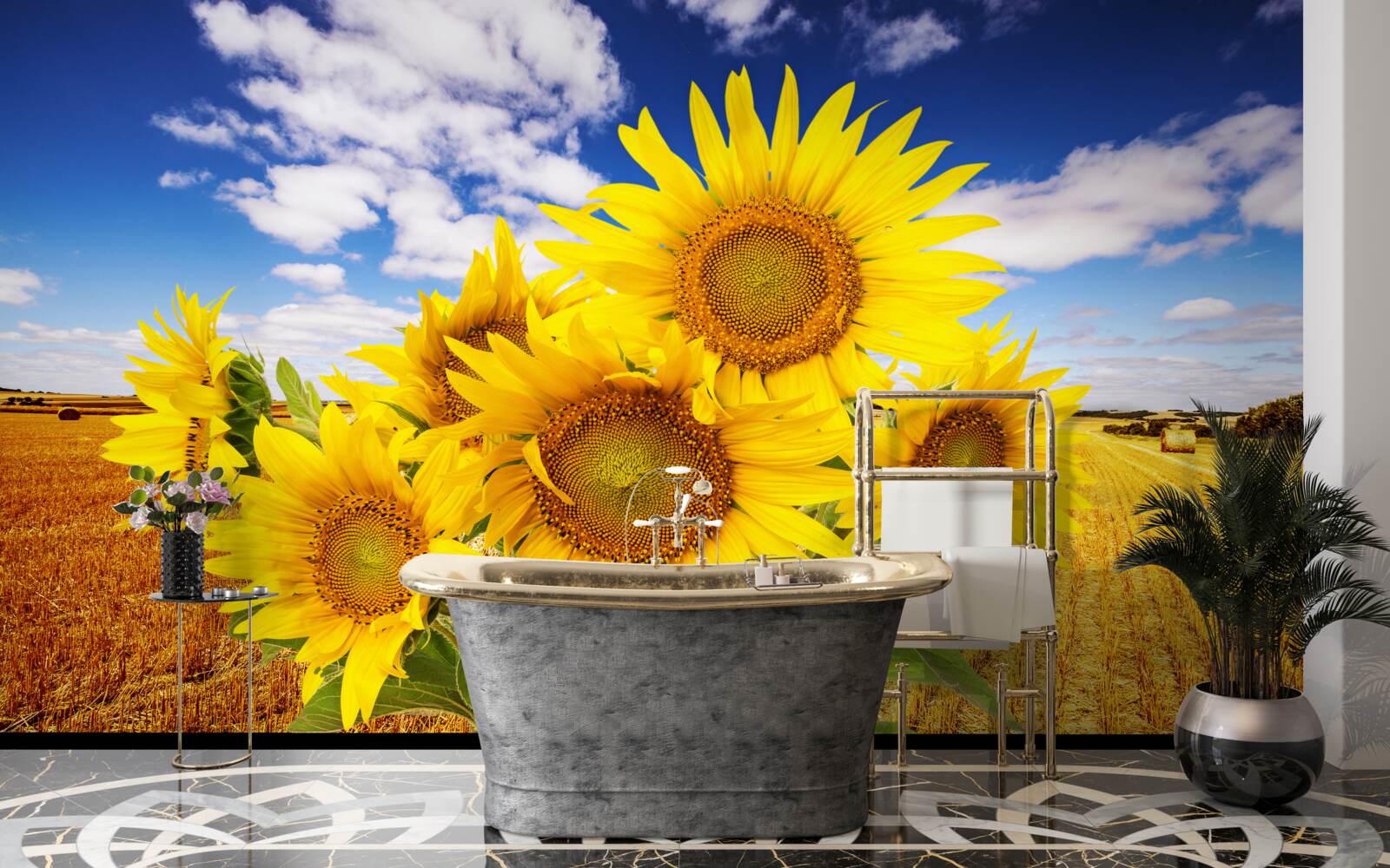 Fototapeten Ein Sonnenblumenstrauß kann am Himmel und das Weizenfeld gesehen werden