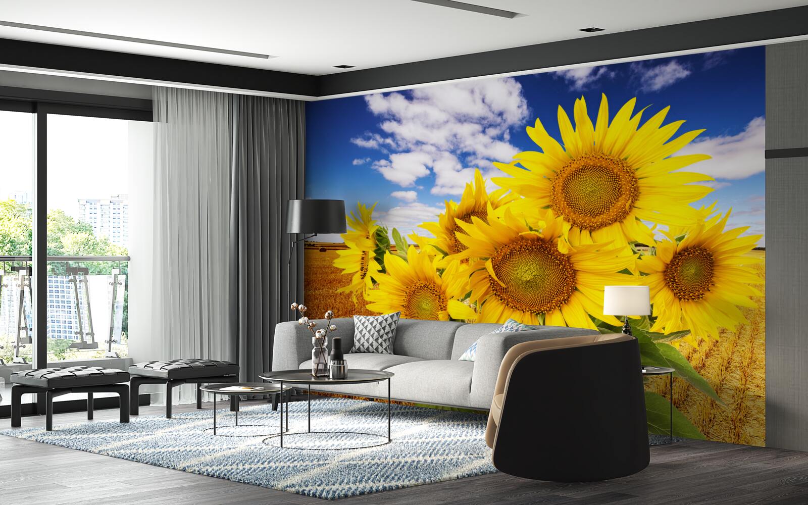 Fototapeten Ein Sonnenblumenstrauß kann am Himmel und das Weizenfeld gesehen werden