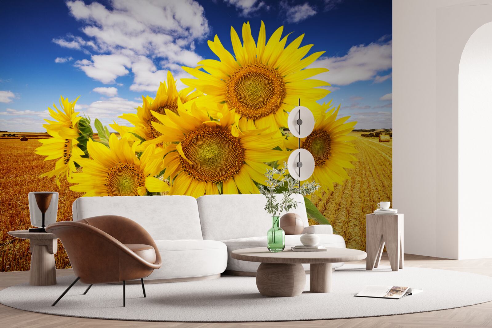 Fototapeten Ein Sonnenblumenstrauß kann am Himmel und das Weizenfeld gesehen werden