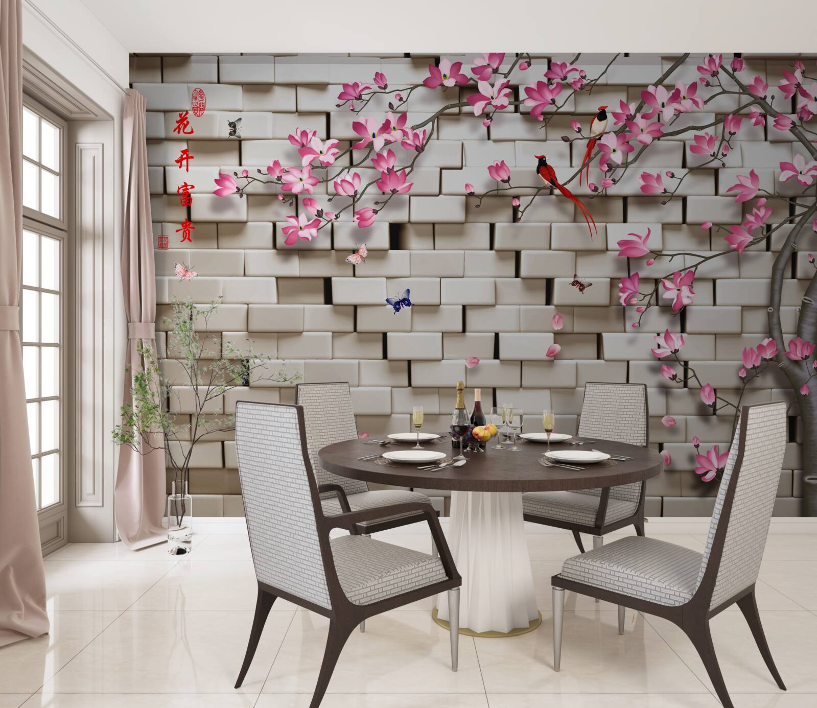 Fototapeten Steinmauer und rosa Blumen
