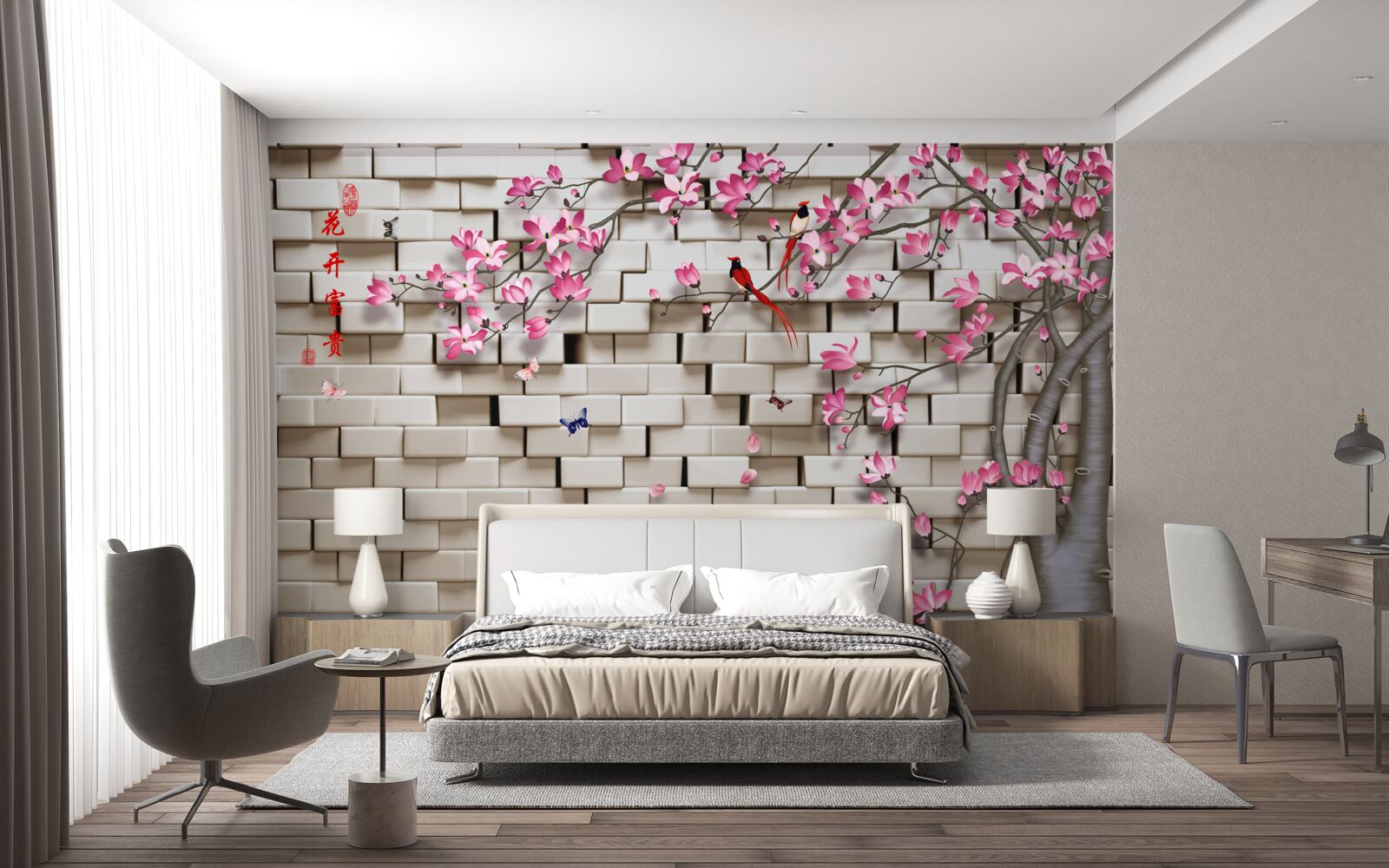 Fototapeten Steinmauer und rosa Blumen