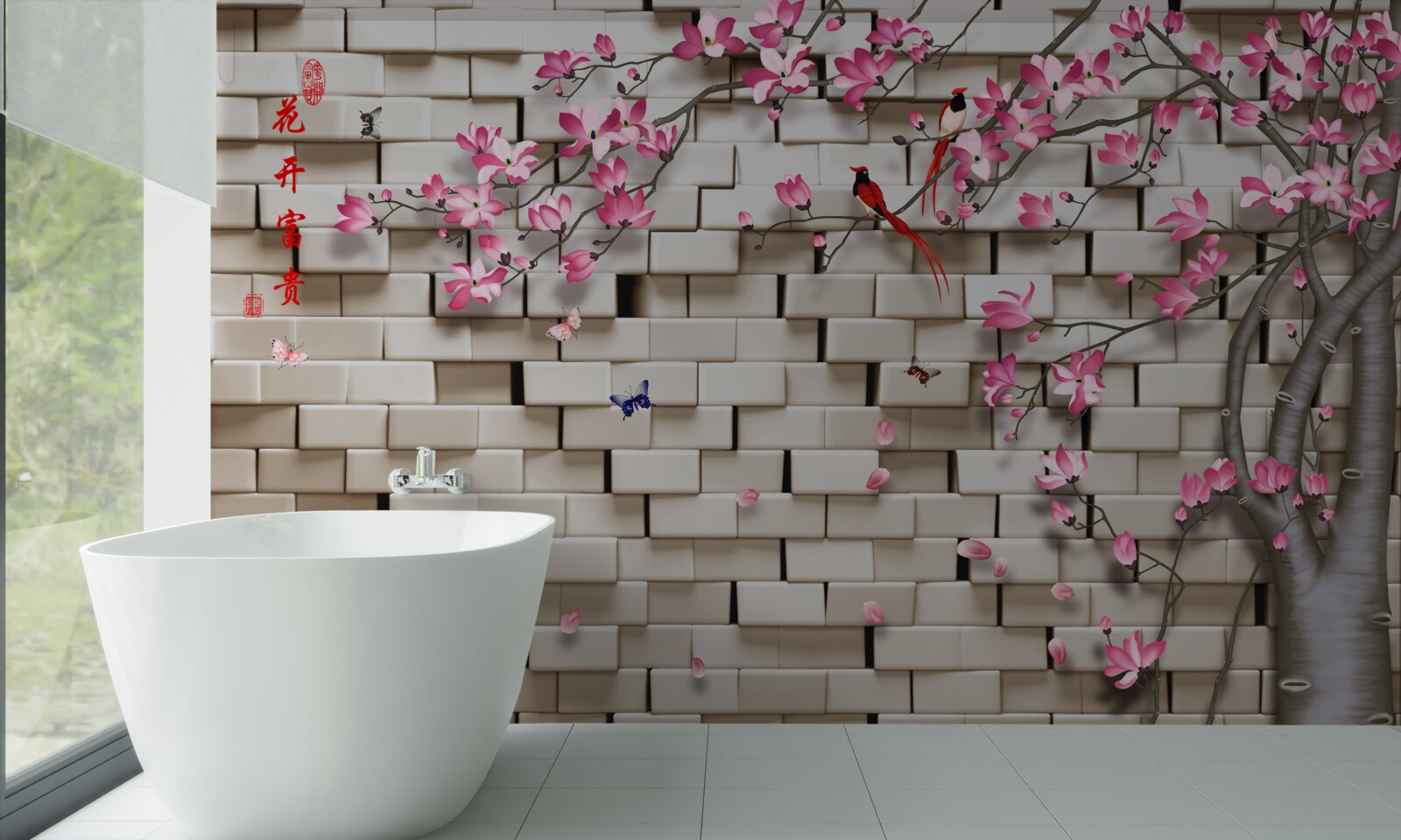 Fototapeten Steinmauer und rosa Blumen