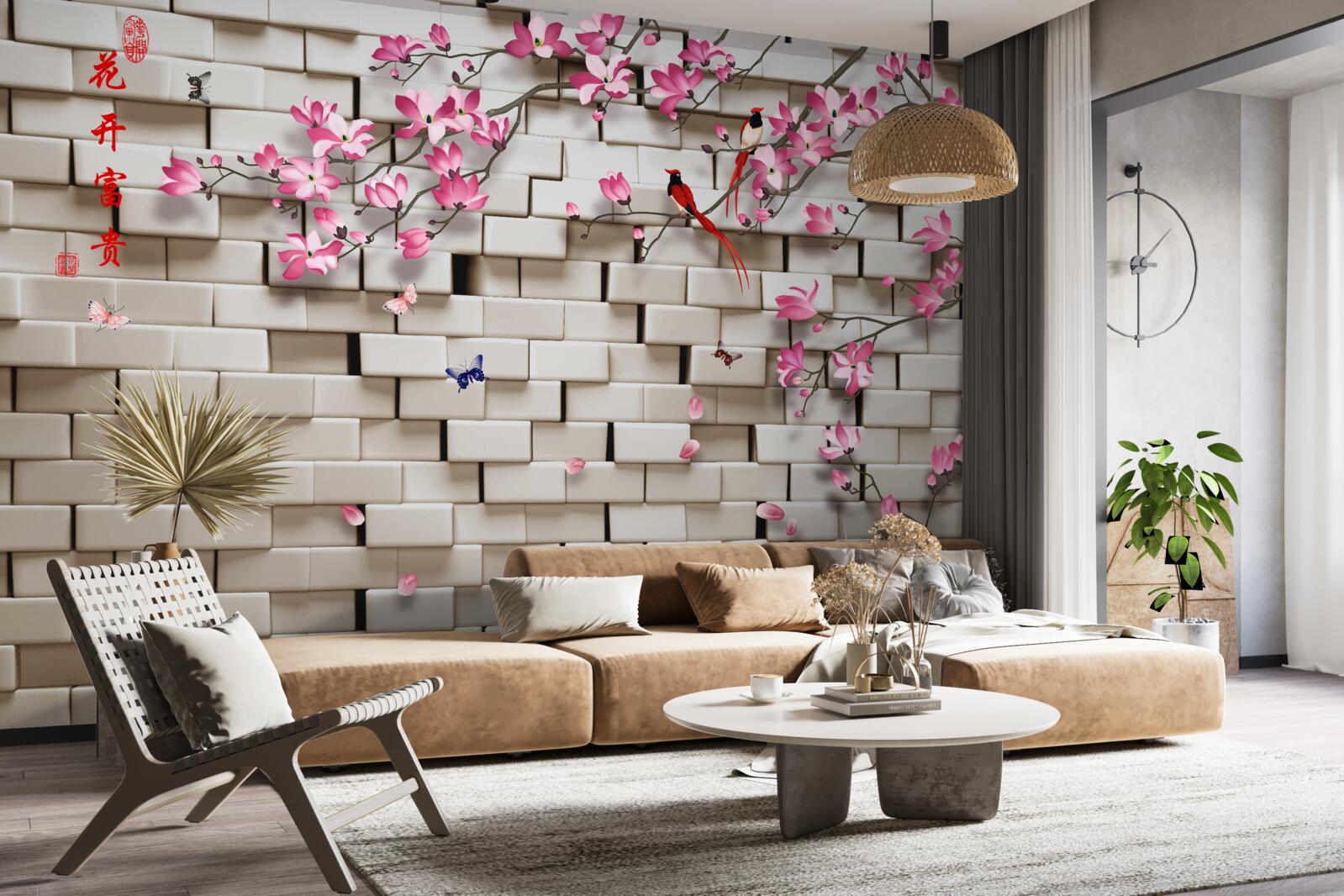 Fototapeten Steinmauer und rosa Blumen