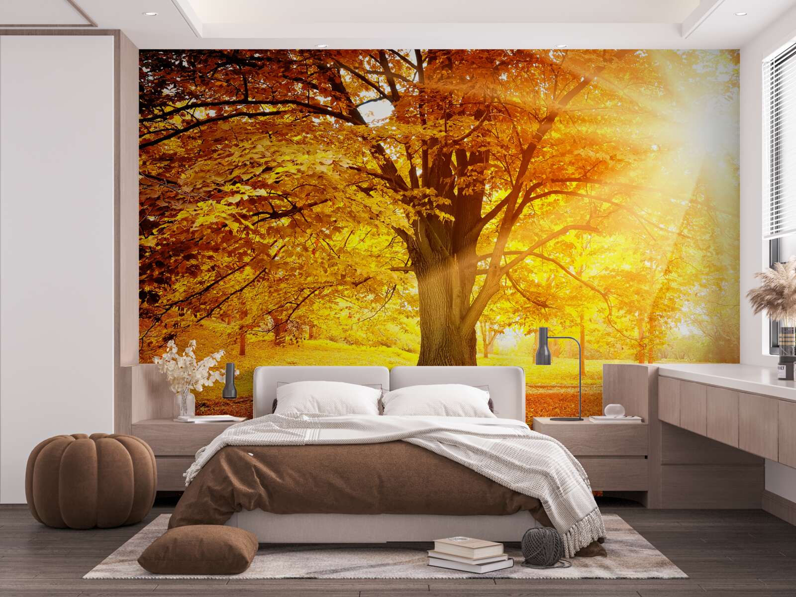 Fototapeten Das helle Licht der Sonne dringt durch den Herbstnebel des Waldes ein