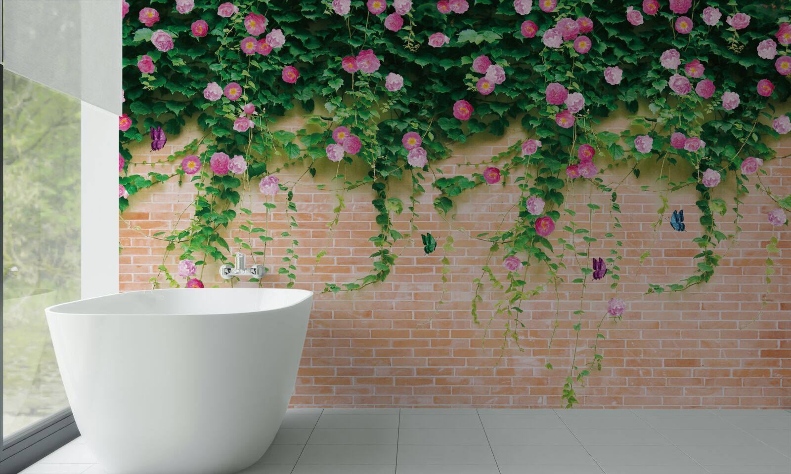Fototapeten weiche rosa Rosen an der Mauermauer