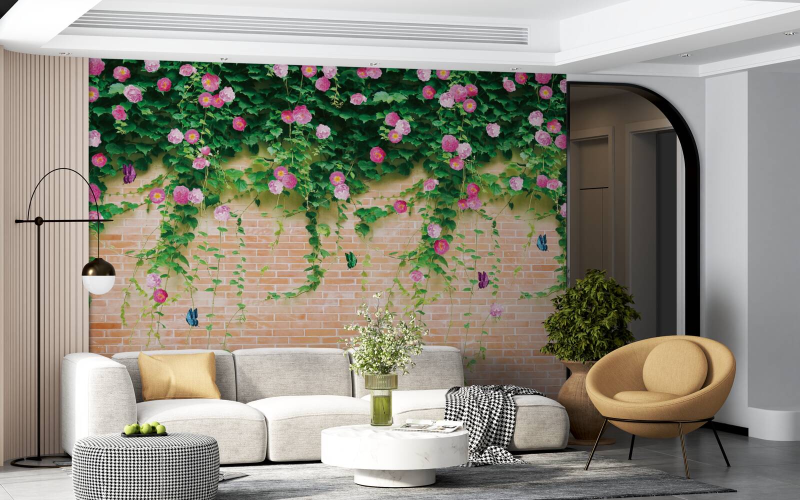 Fototapeten weiche rosa Rosen an der Mauermauer