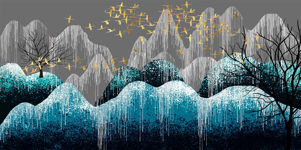 Fototapeten Wald in der Nacht und Vögel, die im goldenen Brokat fliegen