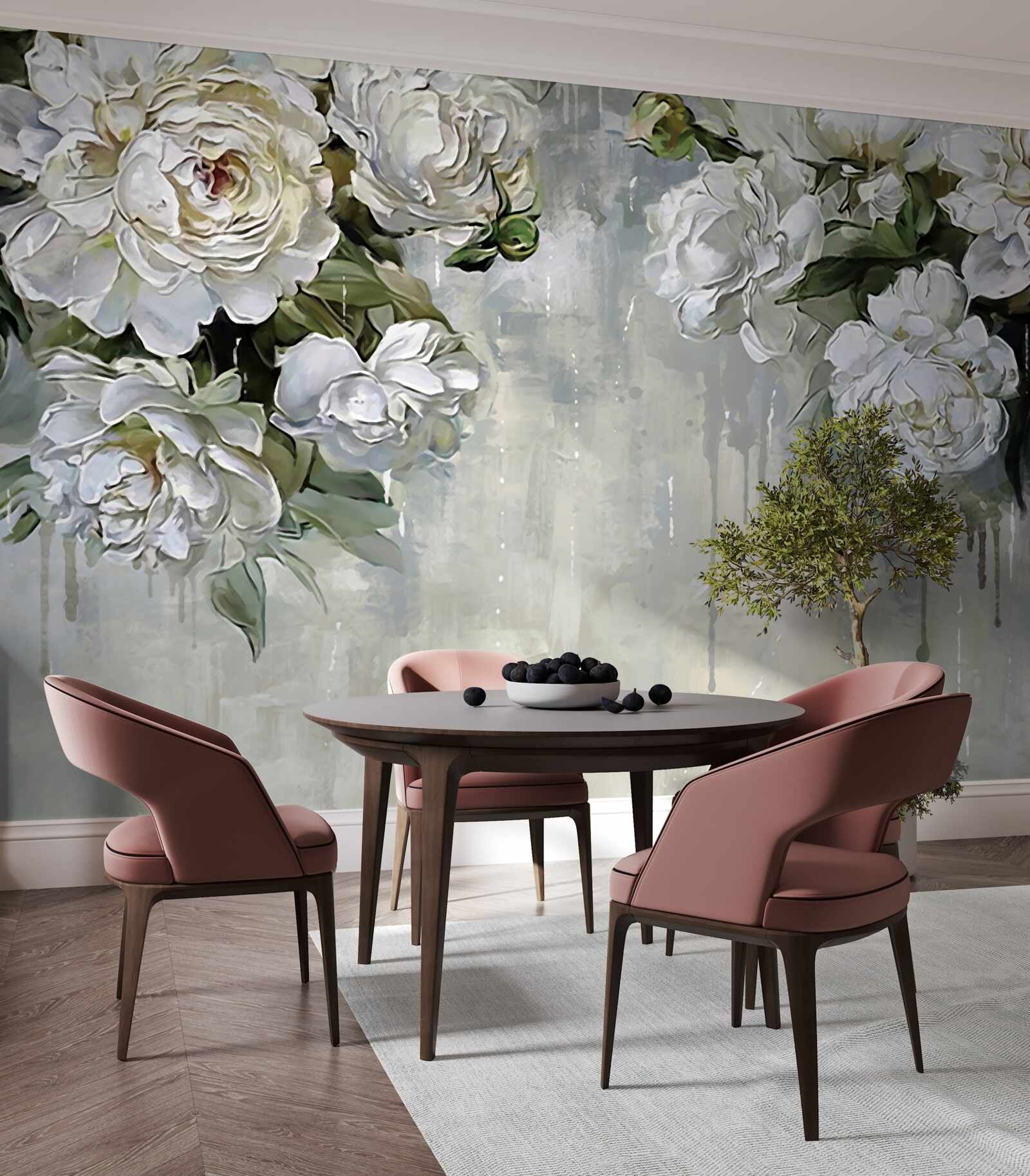 Fototapeten An der Betonwand befinden sich große weiße Blüten