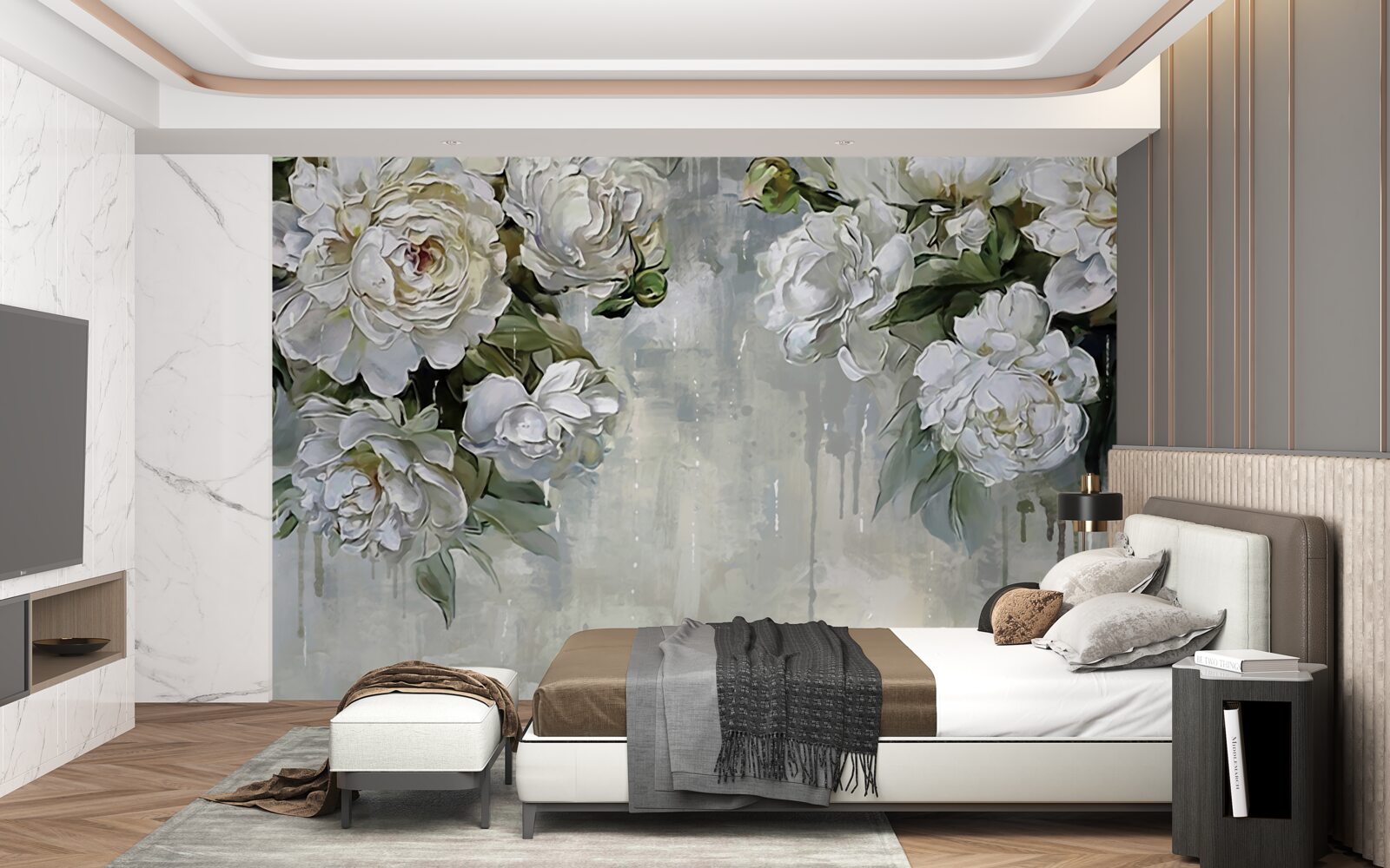 Fototapeten An der Betonwand befinden sich große weiße Blüten