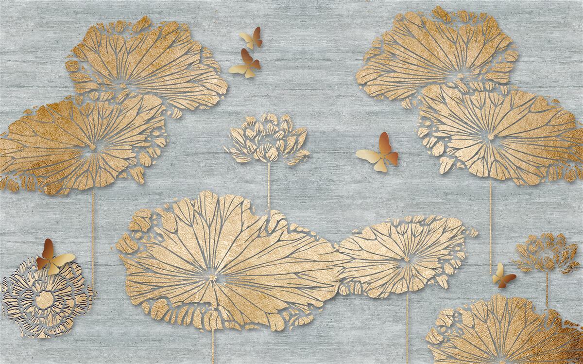 Fototapeten Schmetterlinge und goldene Blätter auf der Wasseroberfläche