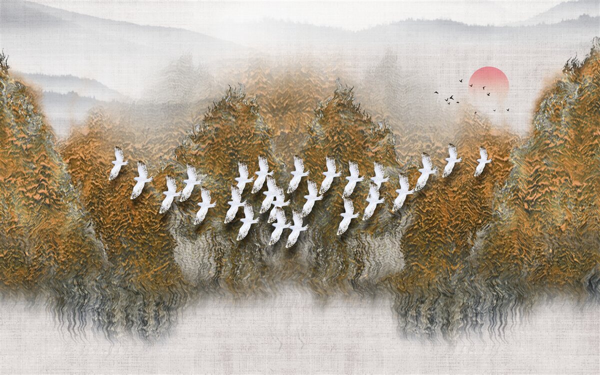 Fototapeten Eine Gruppe von Vögeln überquert den Himmel, gleitet über Bäume und Wasser