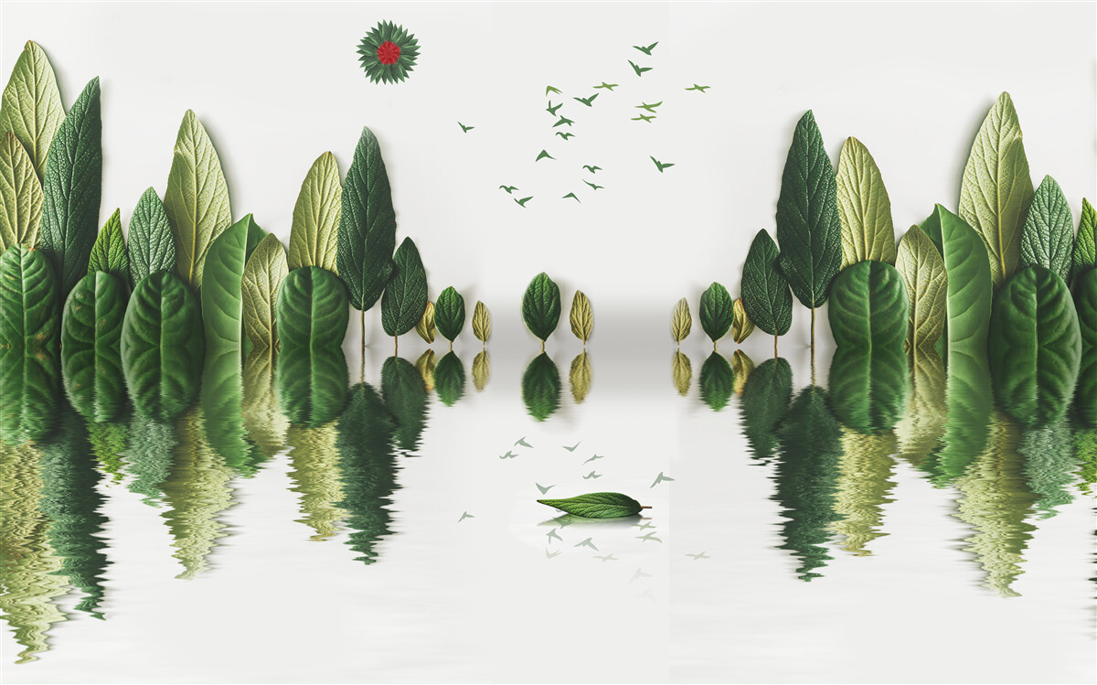 Fototapeten Reflexion des mit Blättern im Wasserspiegel bedeckten Wald