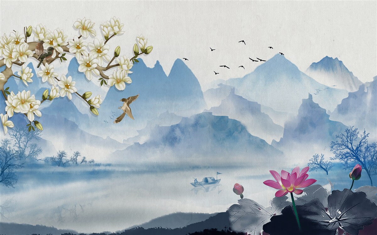 Fototapeten Aquarelle, die Bergseen in China darstellen