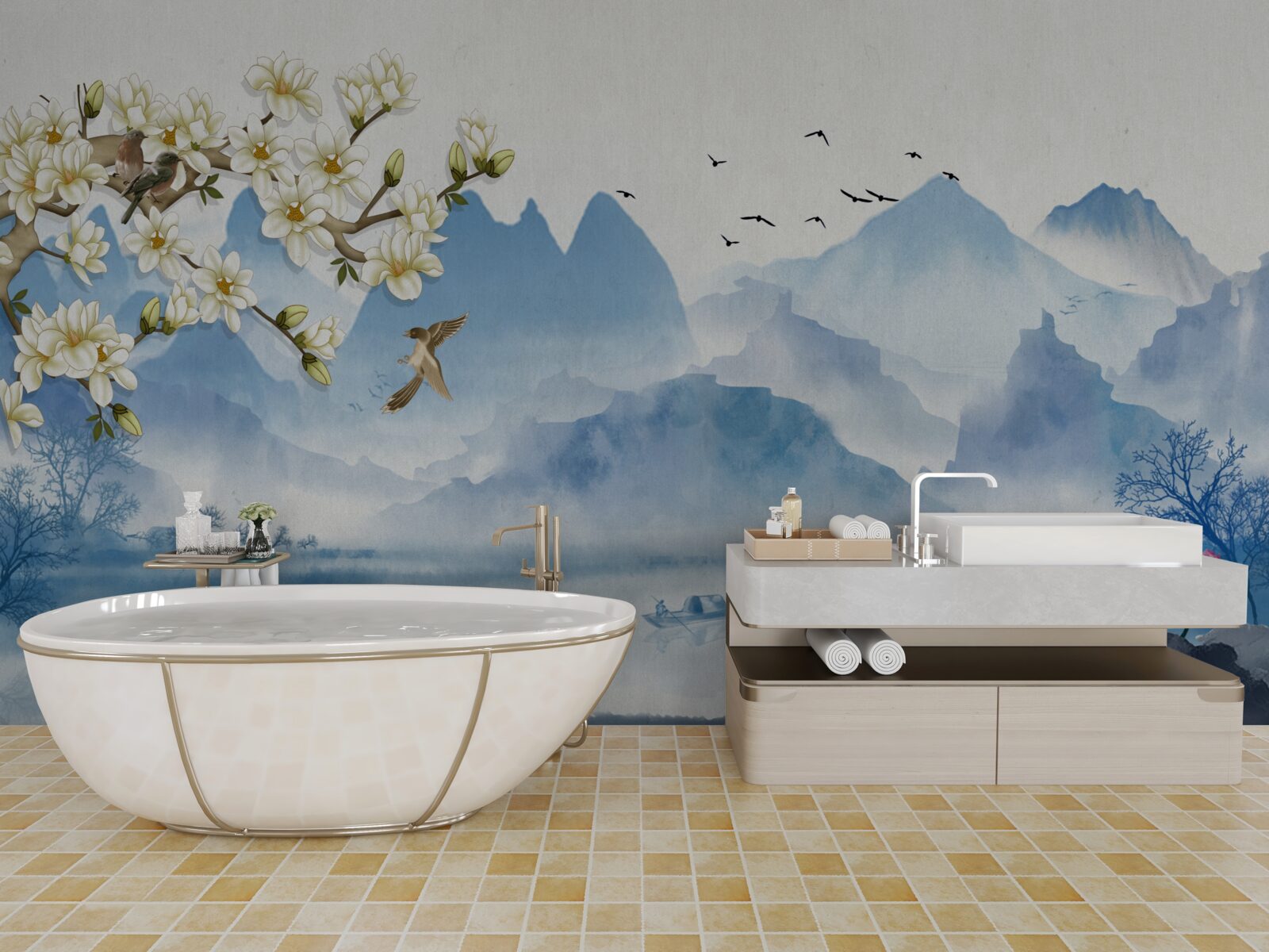 Fototapeten Aquarelle, die Bergseen in China darstellen