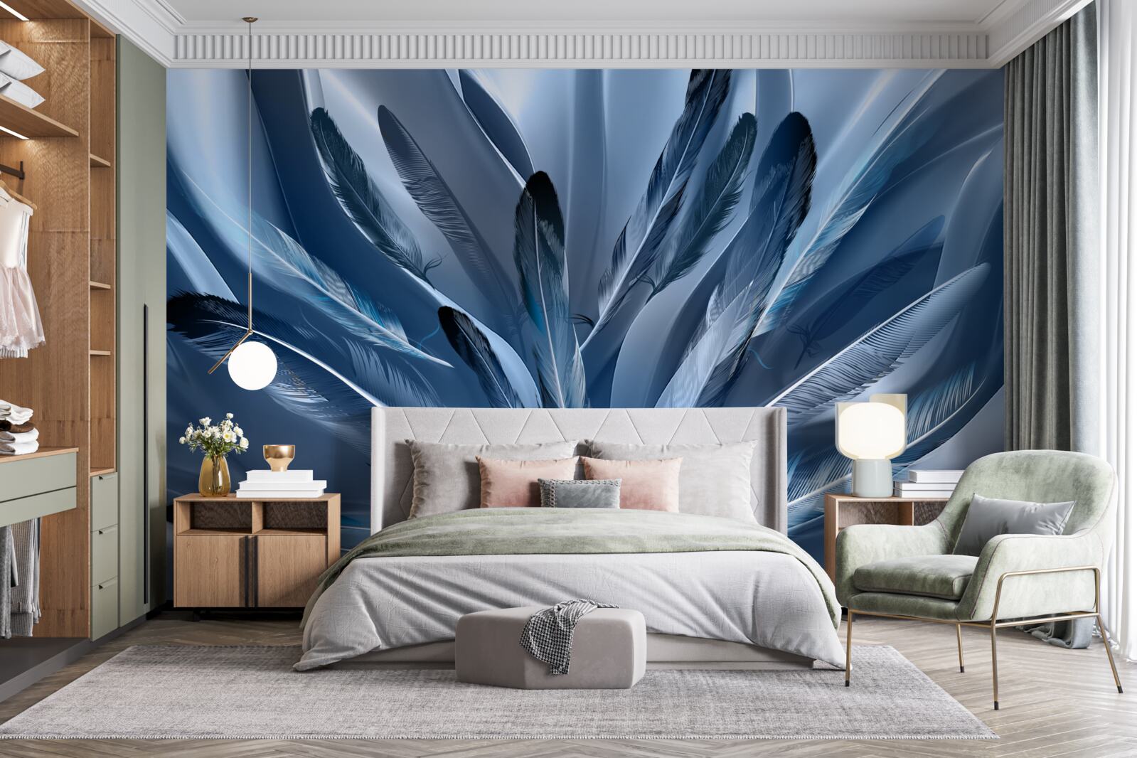 Fototapeten Der mit blaue Federn gepunktete Hintergrund