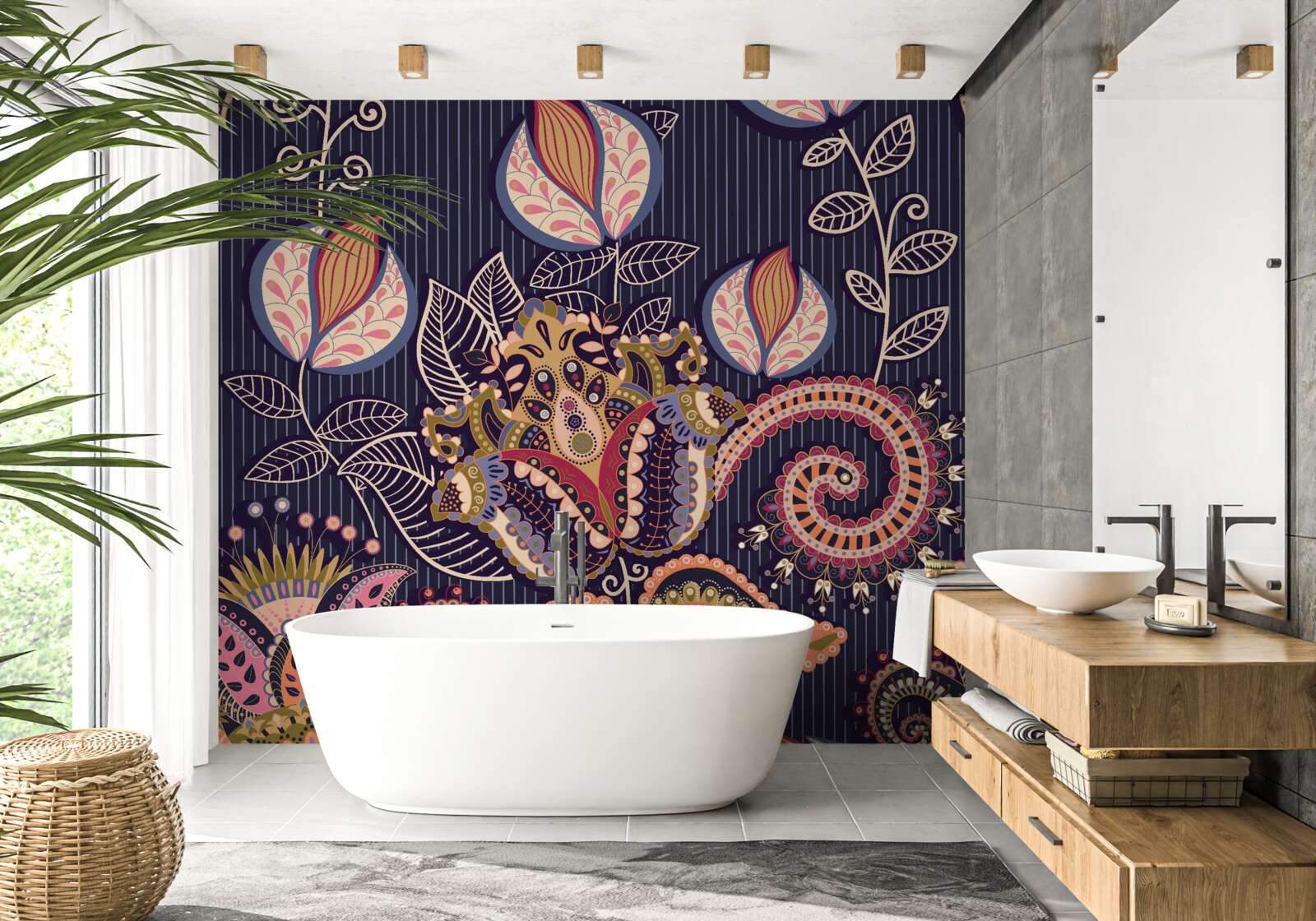 Fototapeten Blumen im Vintage -Stil auf blauem Hintergrund