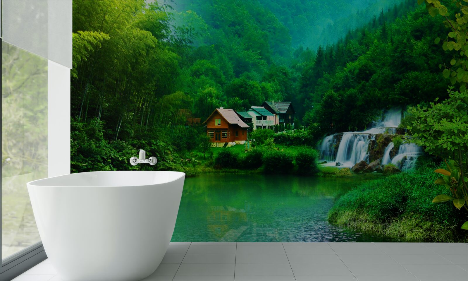 Fototapeten Ein ruhiger Wasserfall neben dem Haus am See