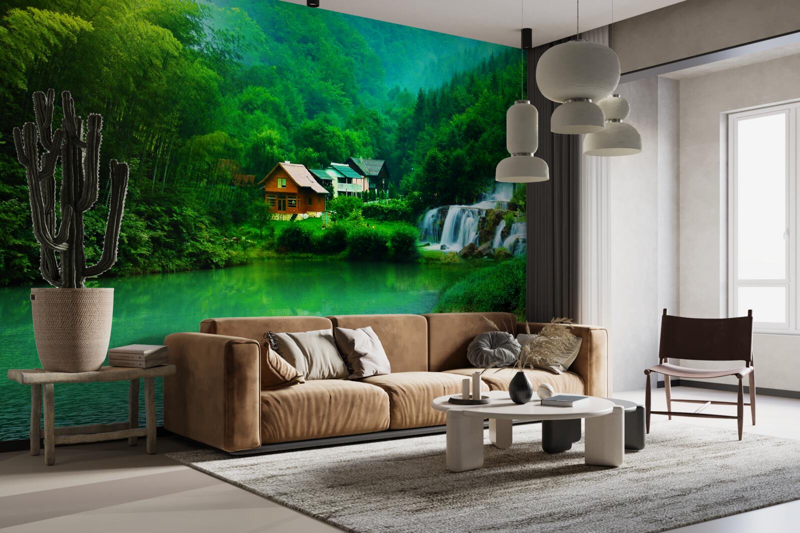 Fototapeten Ein ruhiger Wasserfall neben dem Haus am See