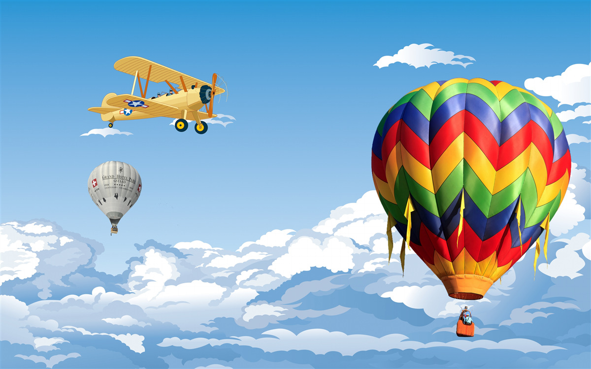 Fototapeten Eine Ballonreise in die beheizte Luft und fliegt mit dem Flugzeug mit dem Flugzeug