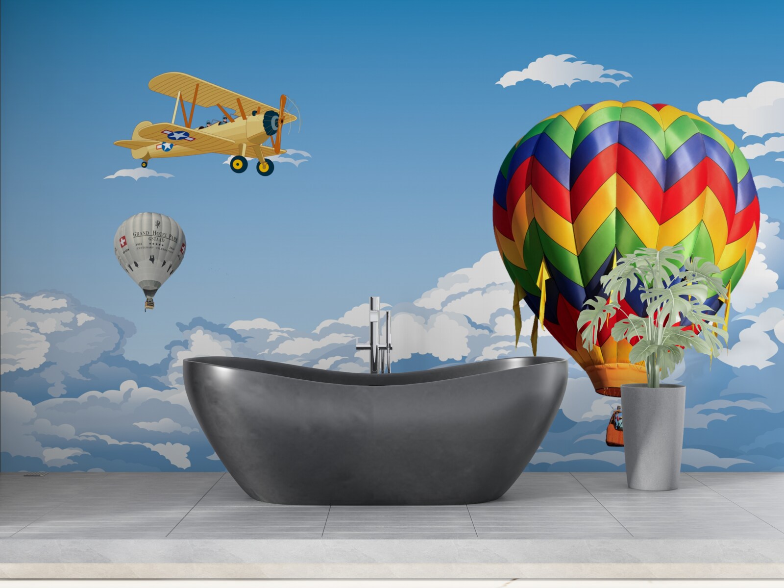 Fototapeten Eine Ballonreise in die beheizte Luft und fliegt mit dem Flugzeug mit dem Flugzeug