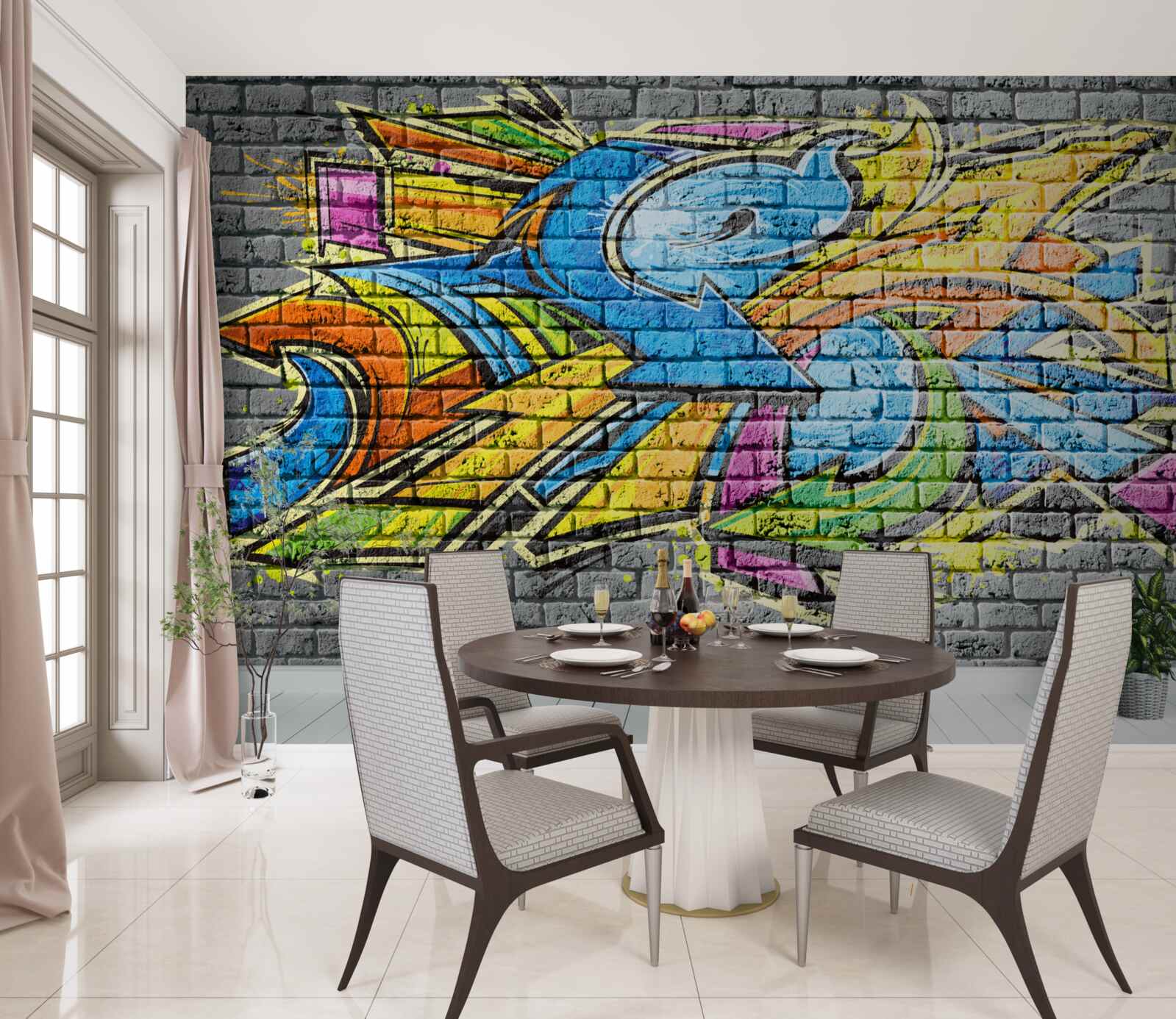 Fototapeten Ein mehrfach gefärbtes Bild von Graffiti an der Wand