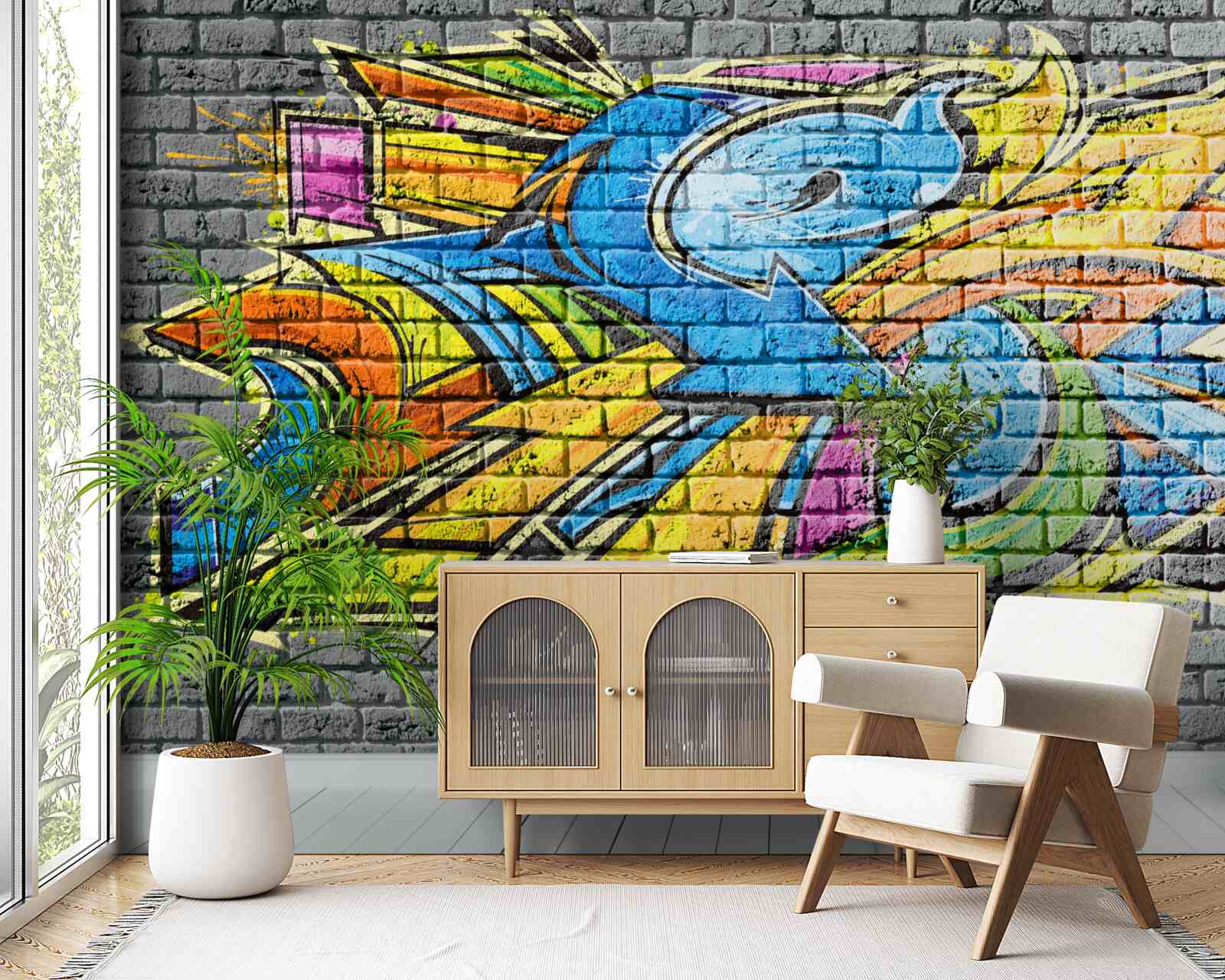 Fototapeten Ein mehrfach gefärbtes Bild von Graffiti an der Wand
