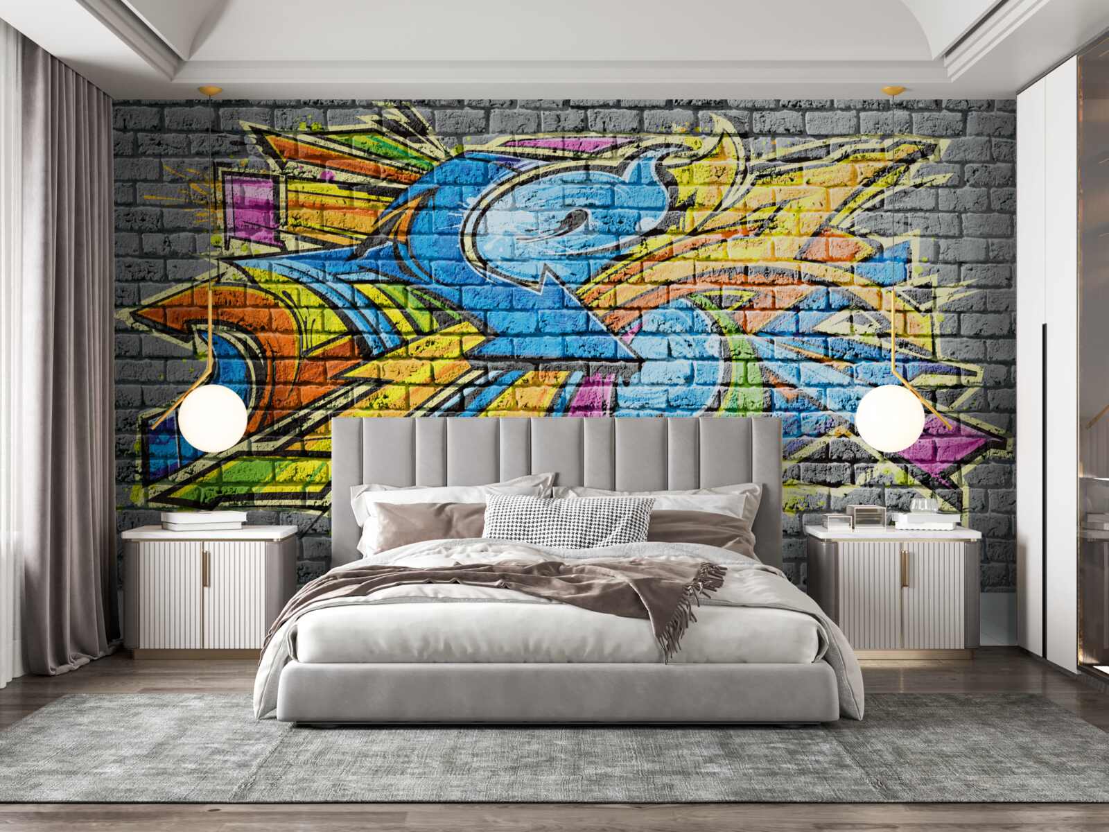 Fototapeten Ein mehrfach gefärbtes Bild von Graffiti an der Wand