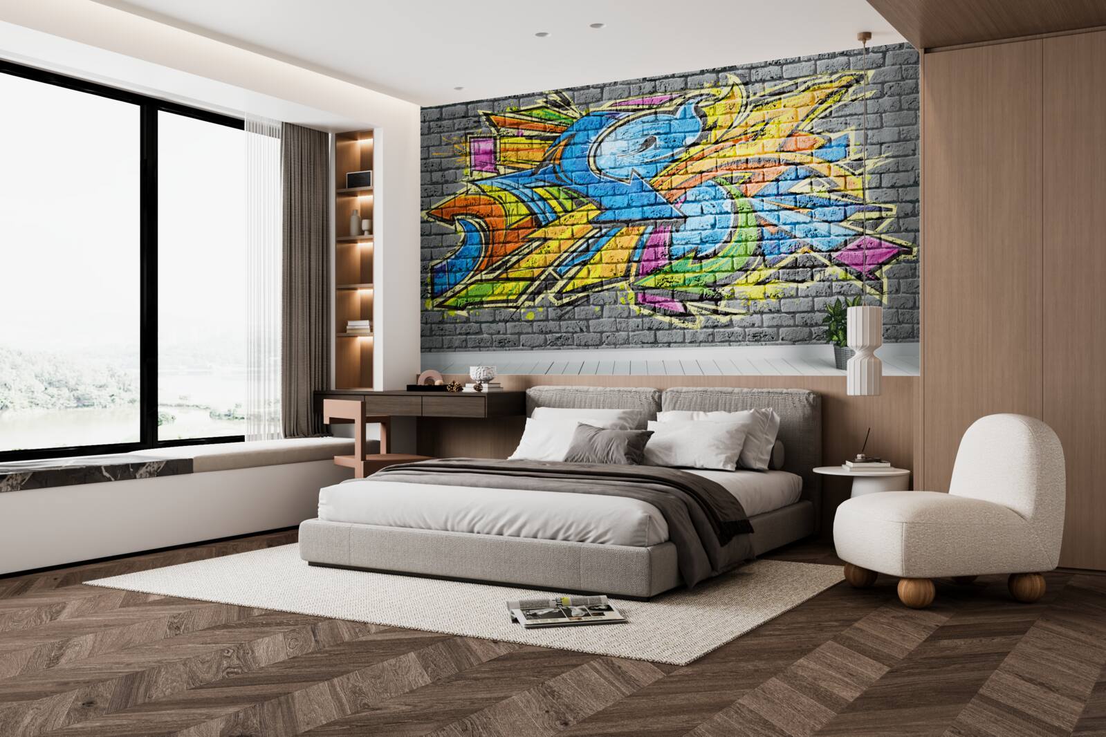 Fototapeten Ein mehrfach gefärbtes Bild von Graffiti an der Wand
