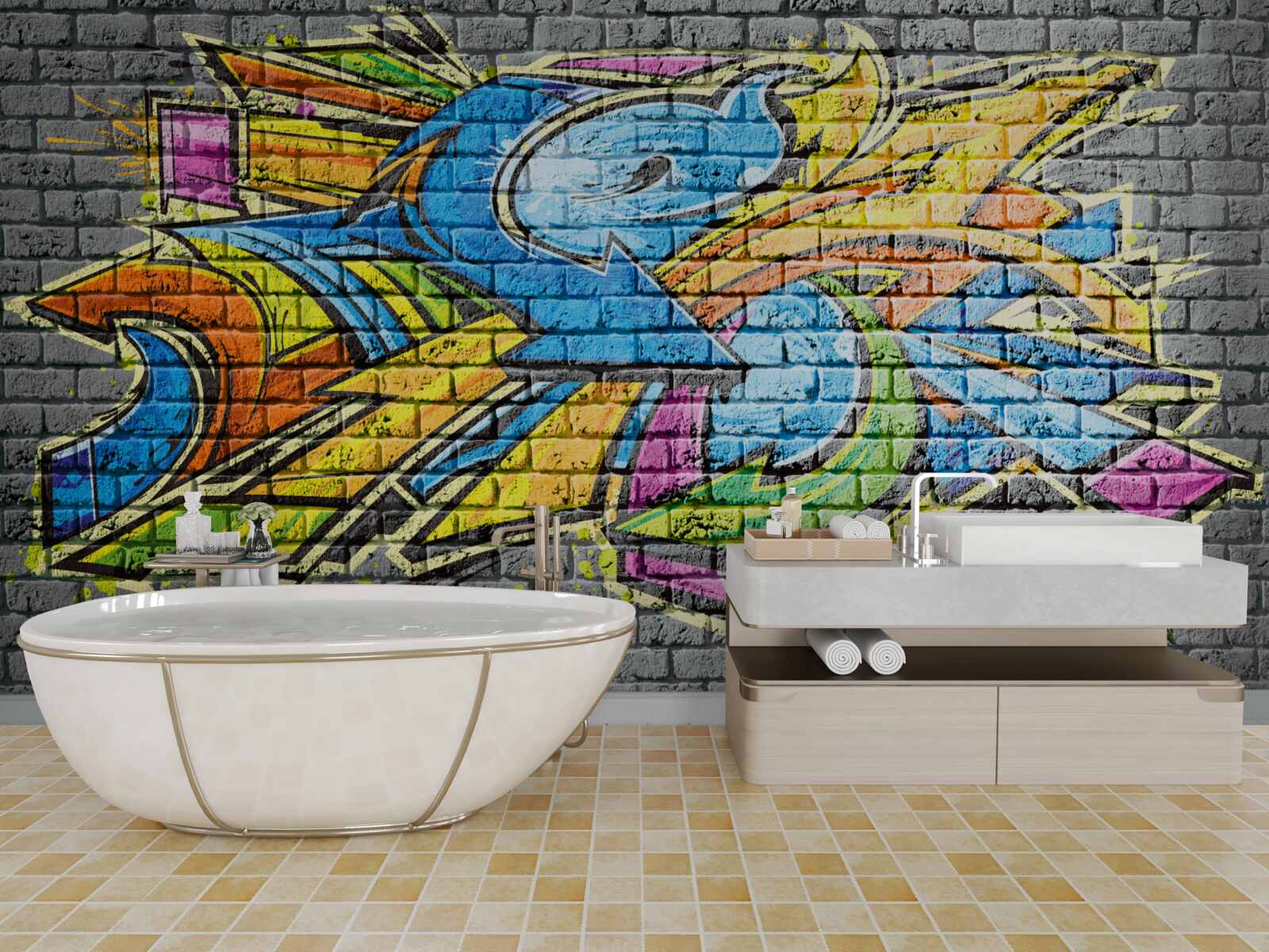 Fototapeten Ein mehrfach gefärbtes Bild von Graffiti an der Wand