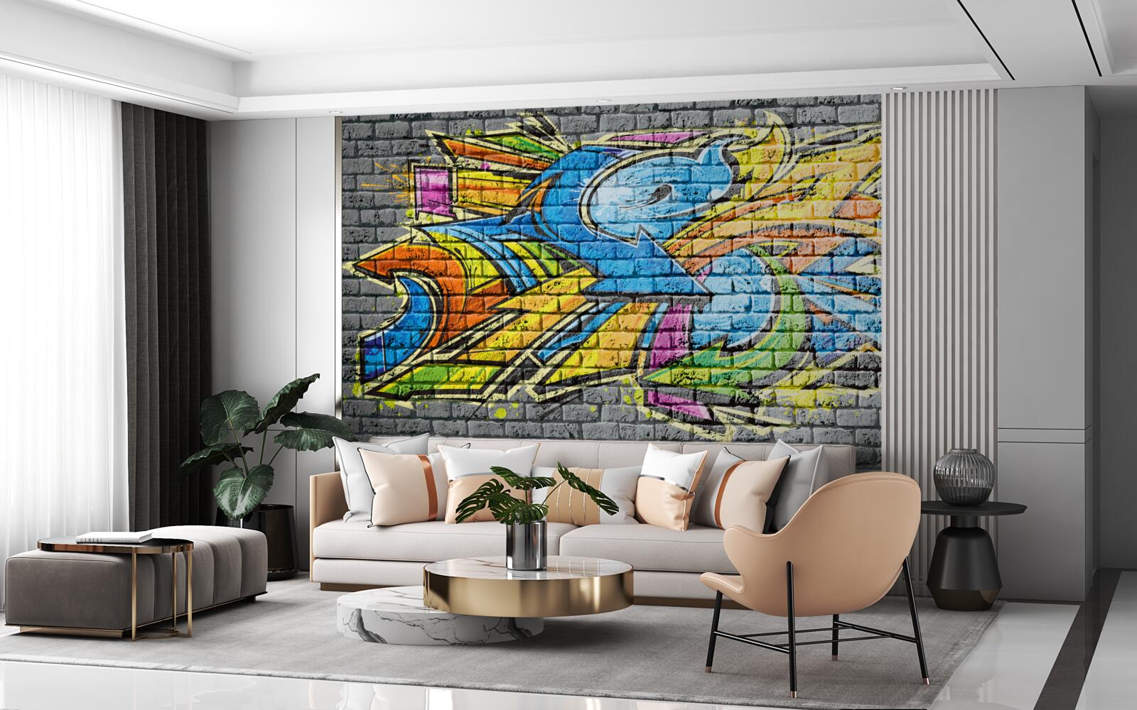 Fototapeten Ein mehrfach gefärbtes Bild von Graffiti an der Wand