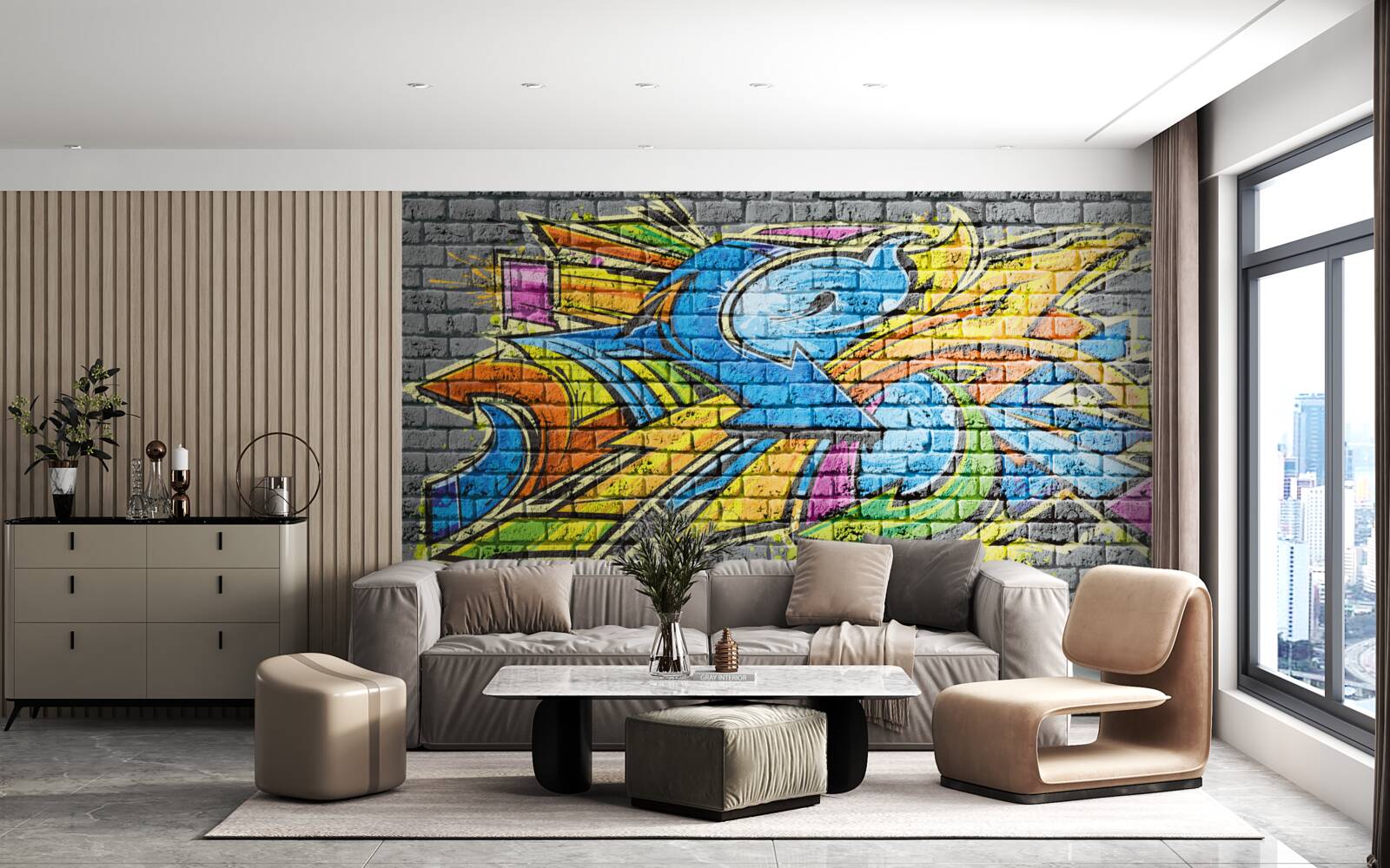 Fototapeten Ein mehrfach gefärbtes Bild von Graffiti an der Wand