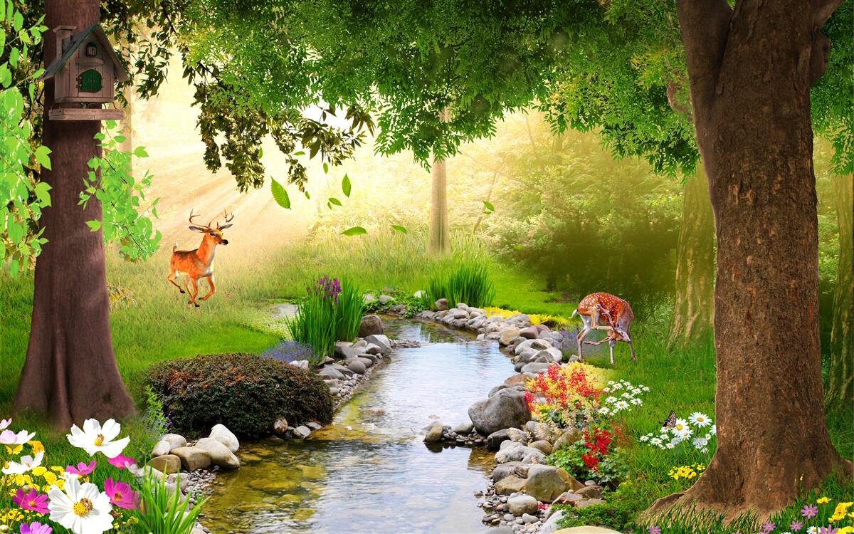 Fototapeten Ein Hirsch steht neben dem Forest River